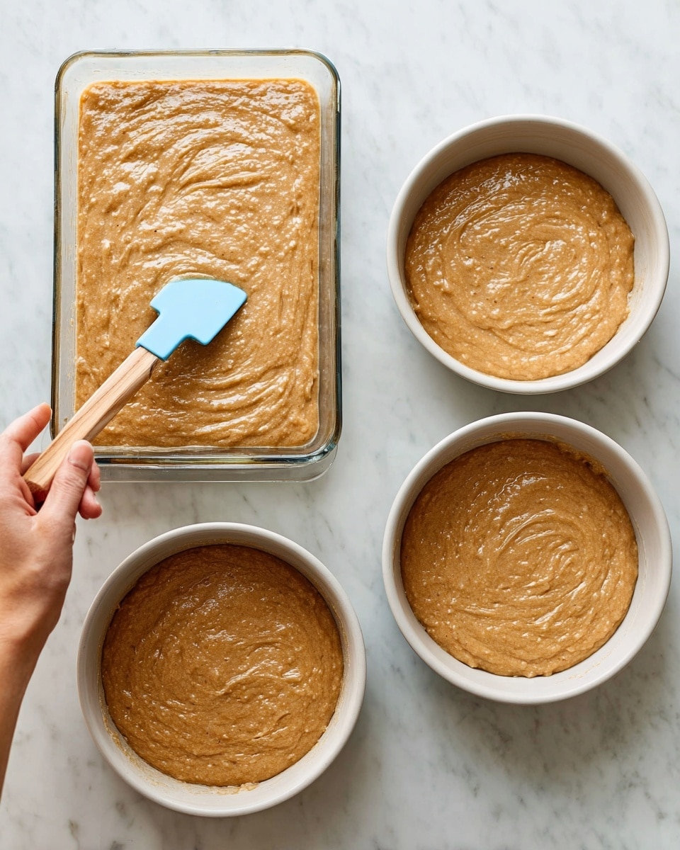 The image shows two scenes side by side on a white marbled surface. On the left, a rectangular glass baking dish is filled with a thick, light brown batter that has a slightly lumpy texture. A woman's hand is holding a light blue spatula with a wooden handle, smoothing the batter in the dish. On the right, there are three round white cake pans arranged unevenly, each filled with the same light brown batter with a similar lumpy texture. The batter surfaces in all pans show subtle swirls. photo taken with an iphone --ar 4:5 --v 7