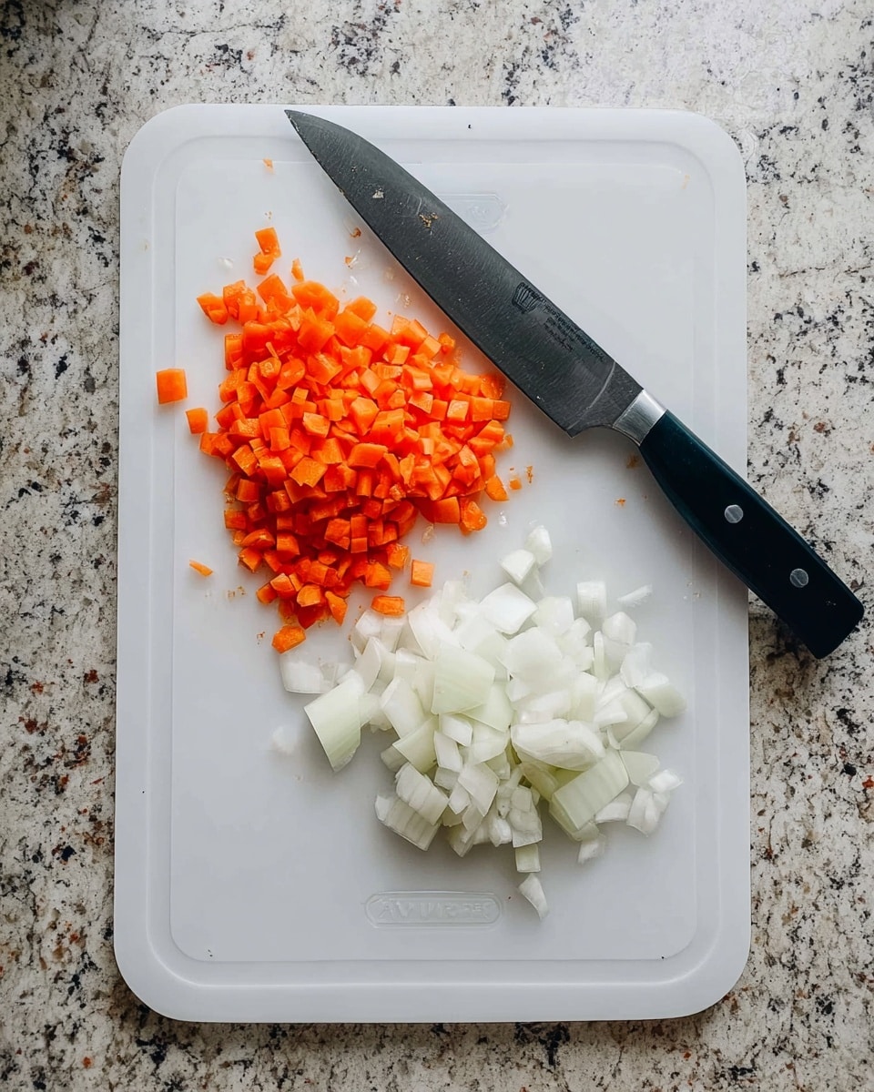 A white plastic cutting board sits on a white marbled surface, holding a large kitchen knife with a black handle resting across its top left area. On the left side of the board, there is a small pile of finely diced bright orange carrots with a slightly rough texture. To the right, there is a larger pile of chopped white onion pieces with a smooth, shiny surface, showing layers where the onion has been diced into small cubes. The knife blade is clean and positioned horizontally, slightly angled upward. The whole setup gives a clear view of the cutting process with clean, fresh vegetables displayed neatly. photo taken with an iphone --ar 4:5 --v 7