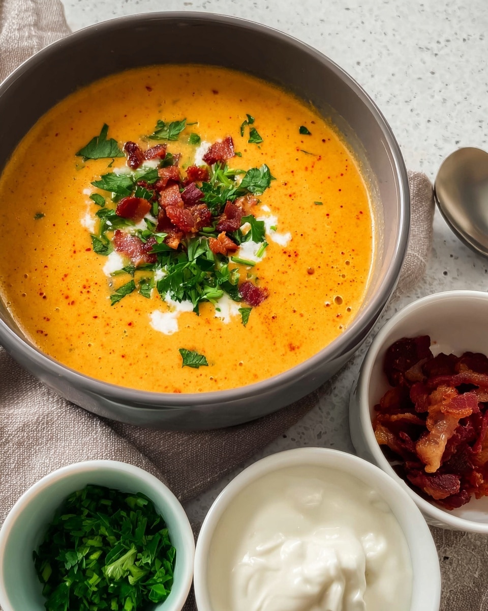 A gray bowl filled with creamy orange soup topped with small pieces of bacon and green parsley leaves, placed on a white marbled textured surface. Around the bowl, there are three small white ramekins; one holds chopped green herbs, the second contains white sour cream with a smooth texture, and the third is filled with crispy reddish-brown bacon pieces. The photo taken with an iphone --ar 4:5 --v 7