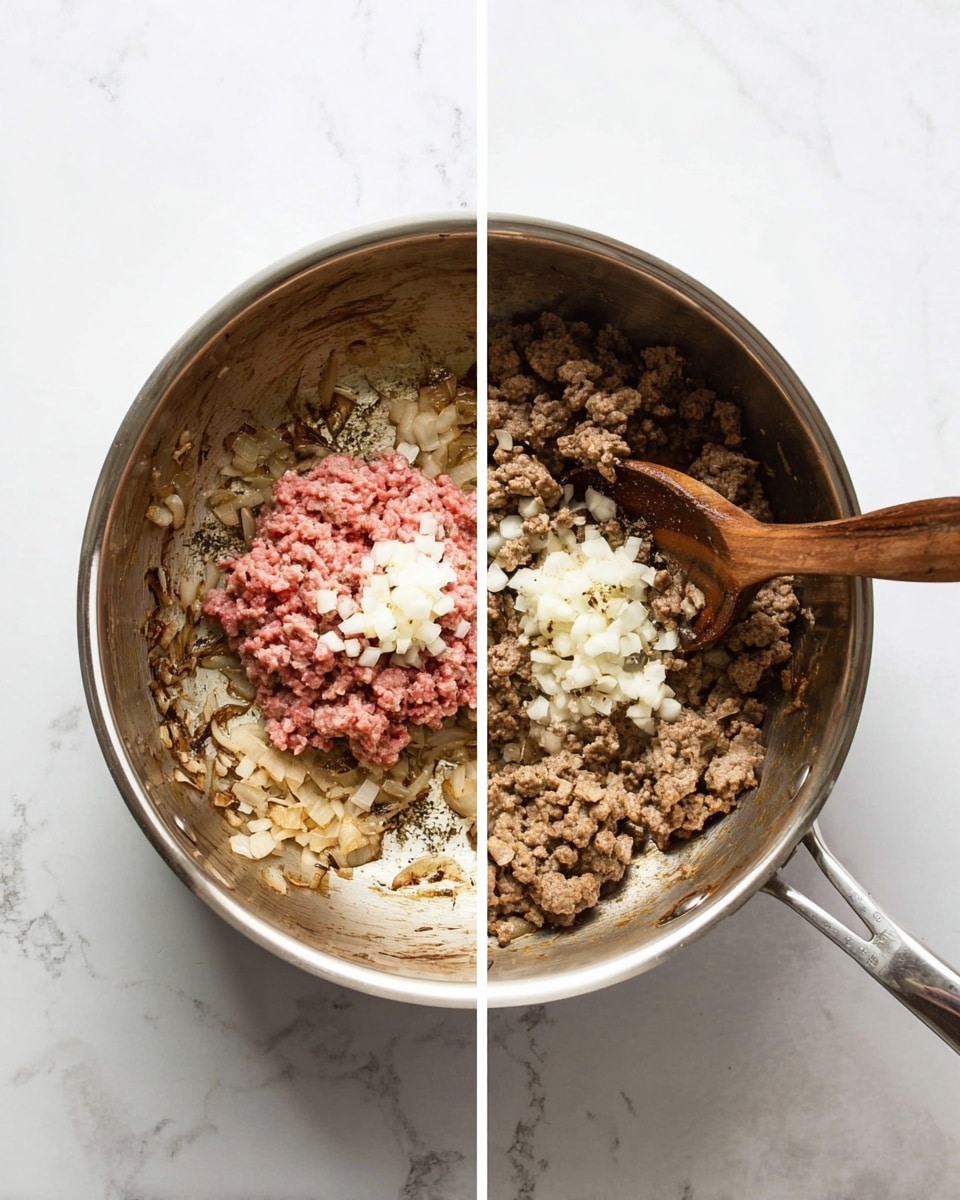 The image shows two side-by-side views of a stainless steel cooking pot on a white marbled surface. On the left, the pot contains a layer of cooked browned onion pieces around the edges, topped with a mound of raw ground meat at the center and a small pile of fresh white chopped onion on top of the meat. On the right, the pot shows the meat browned and mixed with the cooked onion, with a few pieces of chopped garlic added on top. A wooden spoon with a long handle rests in the pot among the browned meat and onions. The pot is worn with light brown cooking marks inside. Photo taken with an iphone --ar 4:5 --v 7
