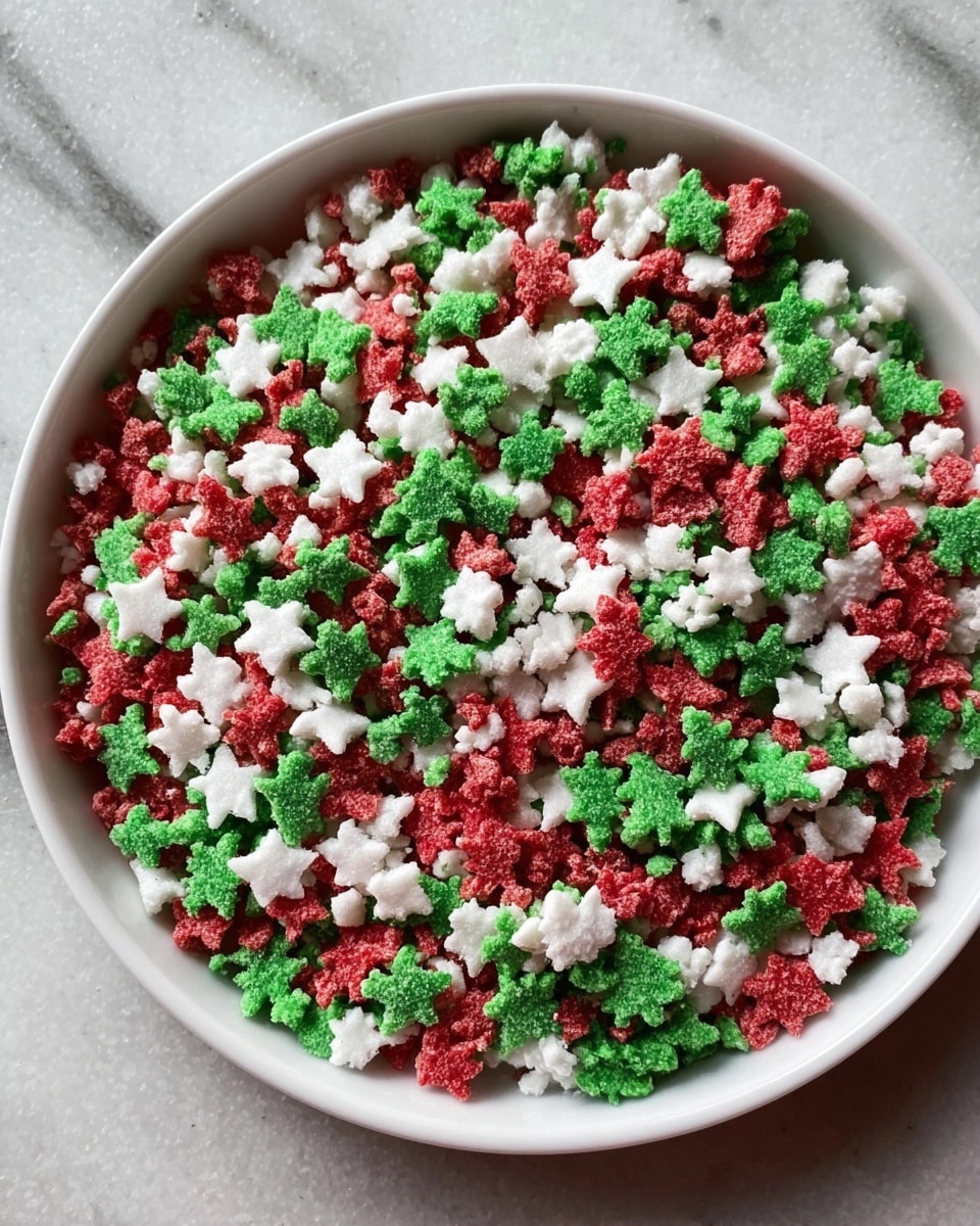 A round white plate filled with many small sprinkles shaped like Christmas trees and stars. The sprinkles come in three colors: red, green, and white, mixed evenly on the plate. The plate sits on a white marbled surface, and the sprinkles have a slightly rough and crumbly texture. photo taken with an iphone --ar 4:5 --v 7