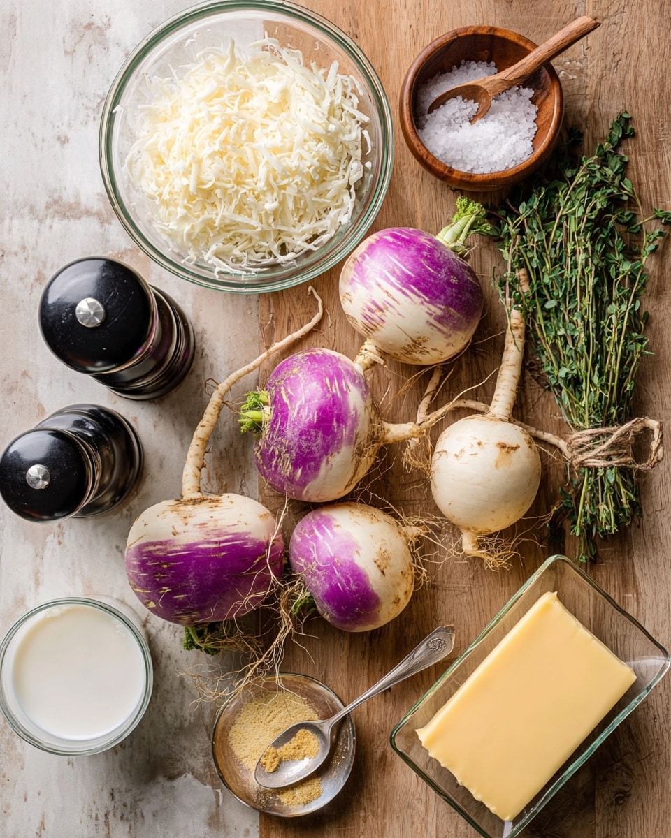 The image shows a top view of several fresh turnips with a mix of white and purple colors placed on a wooden surface. Surrounding the turnips are different cooking ingredients: a glass bowl filled with shredded white cheese at the top left, a small wooden bowl with white salt and a wooden spoon inside, fresh green herb sprigs tied with string on the right side, a black pepper grinder on the left, a small glass container with white cream or milk at the bottom left, a glass dish holding a thick rectangular piece of yellow butter on the bottom right, and a metal spoon holding a light yellow powder near the bottom right. The entire scene is laid out neatly and clearly on a white marbled textured background. Photo taken with an iphone --ar 4:5 --v 7