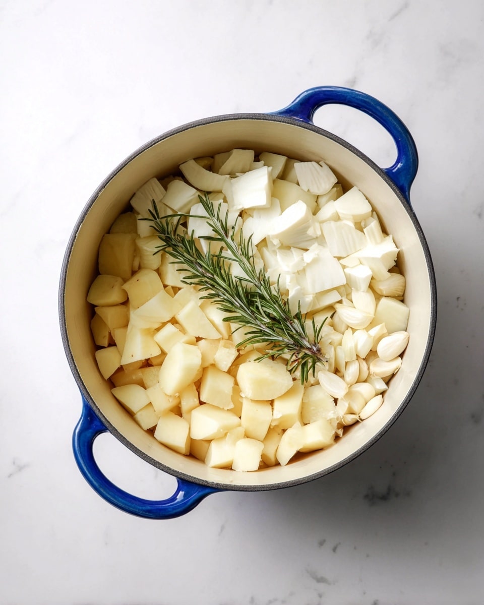 A round pot with blue handles holds three layers of chopped ingredients evenly spread inside. The bottom layer is made up of irregular pale yellow pieces with smooth surfaces. The middle layer features slightly larger chunks of white, smooth-textured pieces. Small whole garlic cloves are scattered mostly near the center, topped by a single green rosemary sprig lying diagonally across the other ingredients. The pot sits on a white marbled surface, and the photo is taken from above, showing all contents clearly. Photo taken with an iphone --ar 4:5 --v 7
