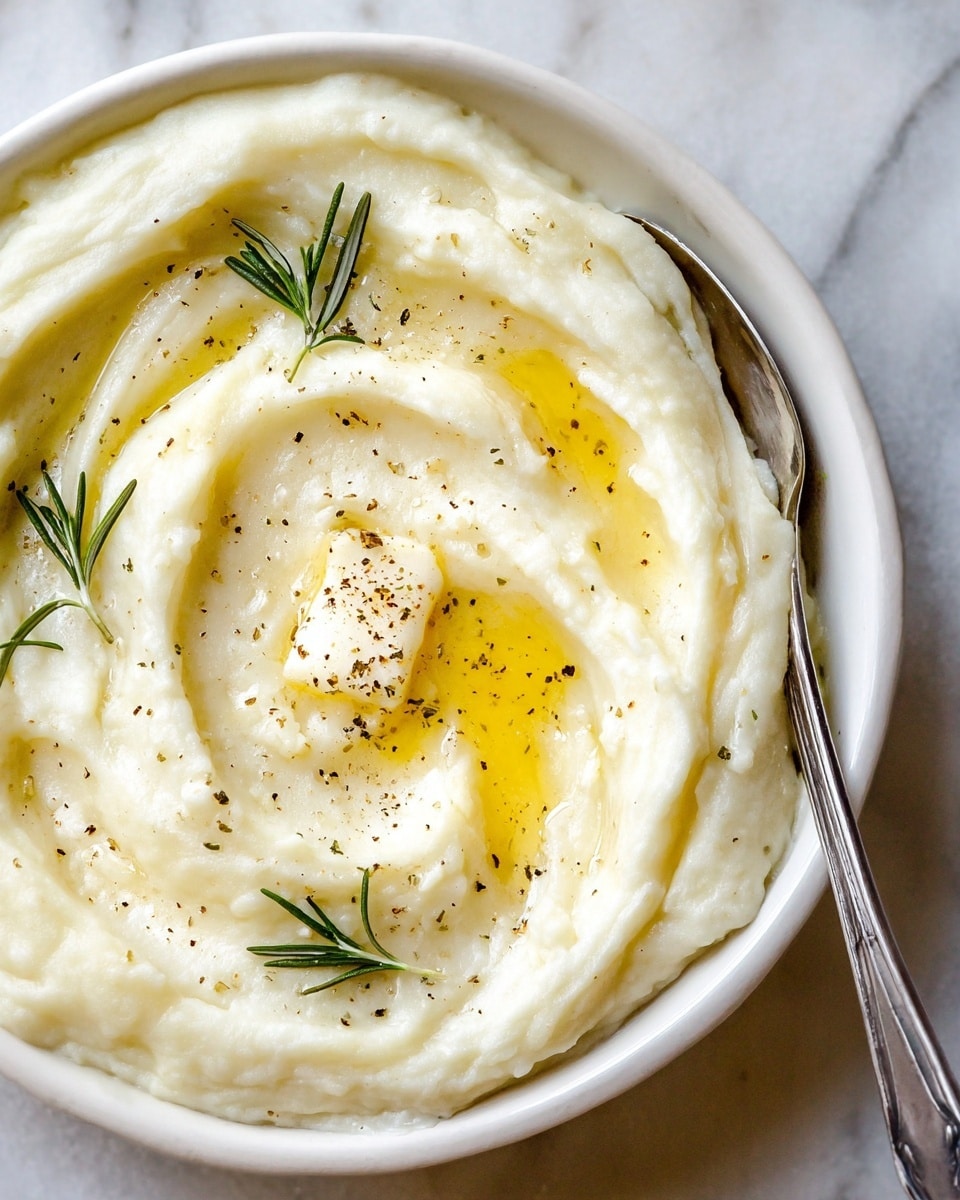 A close-up of creamy white mashed potatoes in a white bowl with a smooth texture and swirled surface. On top, there is a melting pool of golden yellow butter with a small dollop of solid butter near the center, sprinkled lightly with black pepper. Two small green rosemary sprigs are placed on opposite sides, adding a touch of green contrast. A silver spoon is partially submerged on the right side, resting on the edge of the bowl. The bowl is placed on a white marbled surface photo taken with an iphone --ar 4:5 --v 7