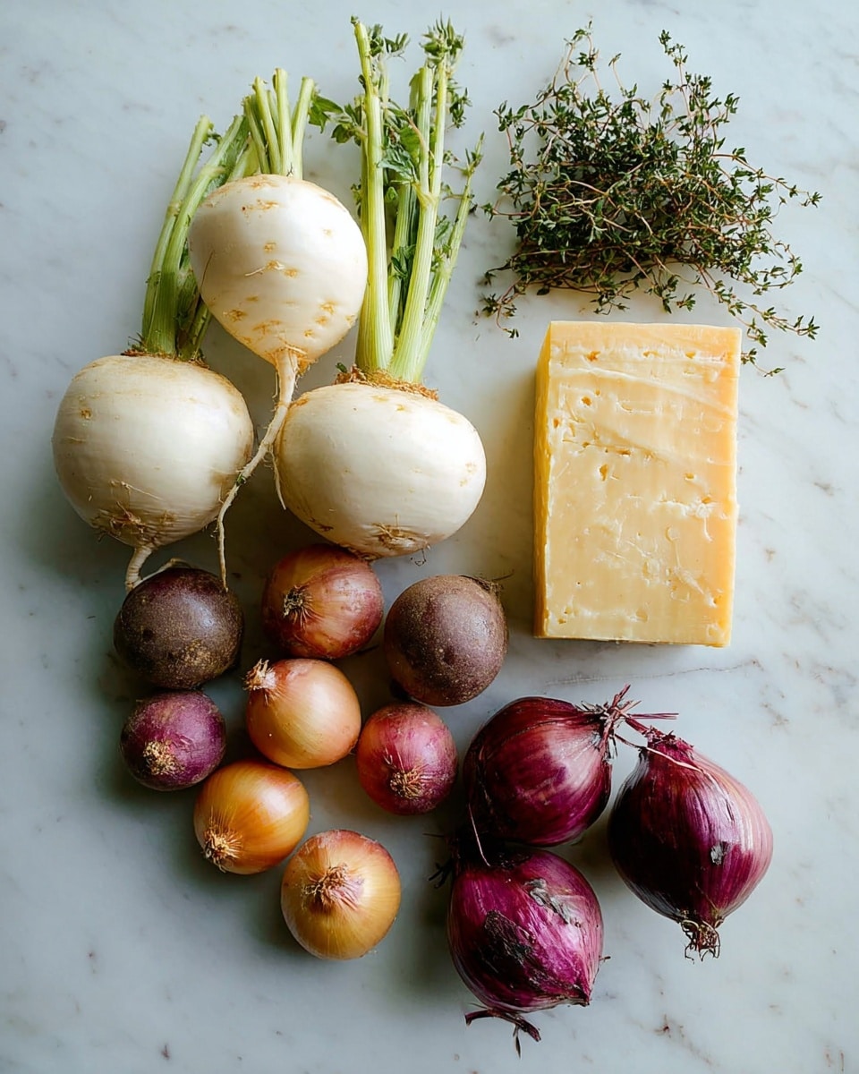 The image shows a collection of fresh vegetables and a piece of cheese on a white marbled surface. There are two large white round turnips at the top left with green stems, a small bunch of green thyme sprigs next to them at the top right, and a block of pale yellow cheese with a darker rind beside the thyme. Below the turnips and cheese, there is a cluster of small round beets in various colors including deep purple, dusty red, and light orange. To the right of the beets, two shallots with shiny purple-brown skins lie close together. Everything is arranged neatly with space around each item, showing natural textures and colors. photo taken with an iphone --ar 4:5 --v 7