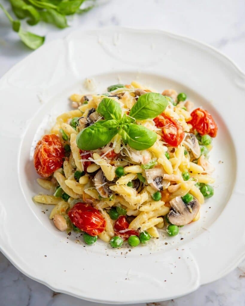 Lemony Leek Orzo with Mushrooms, Beans, and Vegan Parmesan Recipe