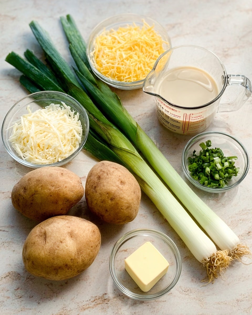 The image shows a white marbled surface with three medium brown potatoes placed in the front center. Behind the potatoes are two long green and white leeks laying horizontally. To the left, there is a small clear glass bowl filled with shredded white cheese beside another small clear glass bowl filled with shredded yellow cheese. To the right, a small clear glass bowl holds chopped green herbs, next to a larger clear measuring cup filled with a light beige liquid. A small round clear dish contains a square of butter. The colors are natural and fresh, highlighting the ingredients clearly. Photo taken with an iphone --ar 4:5 --v 7