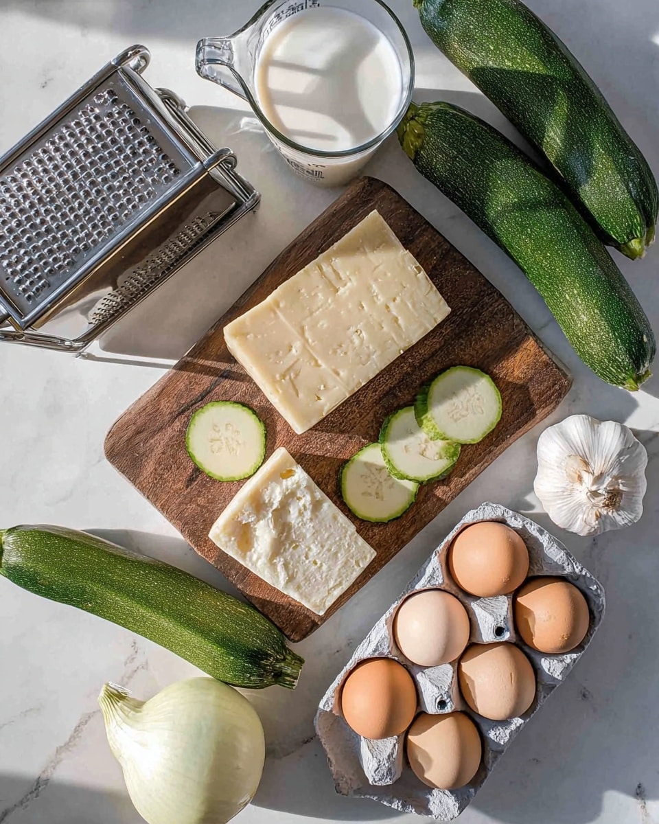 The image shows various food items arranged on a white marbled surface. In the center, there is a brown wooden board with two large pieces of cheese, one rectangular and one wedge-shaped with text on the side, and a few thick green zucchini slices placed around them. To the top left, there is a metal grater with a shiny handle, and next to it is a glass measuring cup filled with white liquid. Three whole green zucchinis are positioned to the right of the grater and measuring cup. At the bottom of the image, a large white onion and a whole garlic bulb sit side by side. To the bottom right, there is a gray egg carton holding five eggs with shades of white and light brown. The whole scene is lit naturally with soft shadows, creating a clean and fresh look, photo taken with an iphone --ar 4:5 --v 7