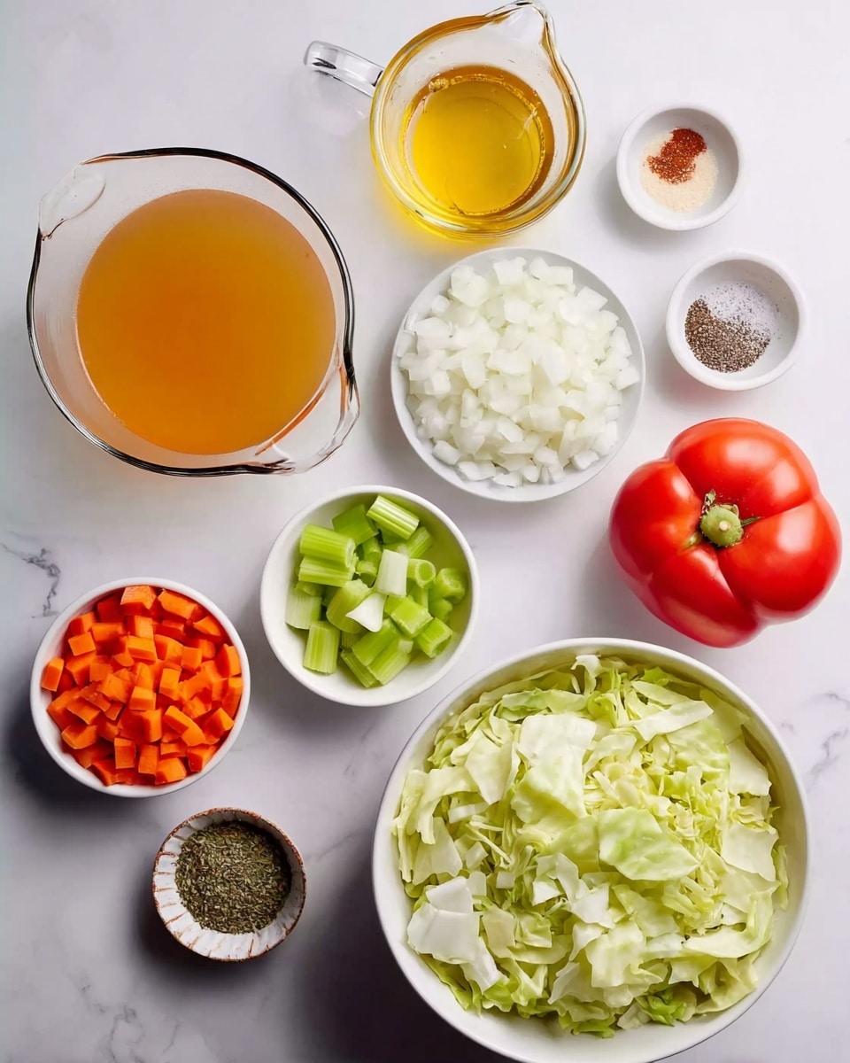 The image shows several ingredients arranged neatly on a white marbled surface. On the right side, a large white bowl is filled with roughly chopped pale green cabbage. Below it, there is a small white bowl with finely diced white onions and a smaller white bowl with coarse salt and ground black pepper. To the left of these bowls, three small white bowls hold bright orange carrot pieces, light green celery slices, and minced garlic respectively. Near the center is a small transparent glass pitcher filled with yellow oil, and just above it is another small glass container with clear liquid, likely vinegar. A whole red bell pepper sits near the bottom center, while a ripe red tomato is placed toward the top left corner. At the bottom left, there is a large clear glass bowl filled with golden broth. A small white bowl with dried herbs or seasoning is near the top middle. The whole setup is clean and colorful, showing a fresh and natural mix of vegetables and liquids in various white bowls and glass containers photo taken with an iphone --ar 4:5 --v 7