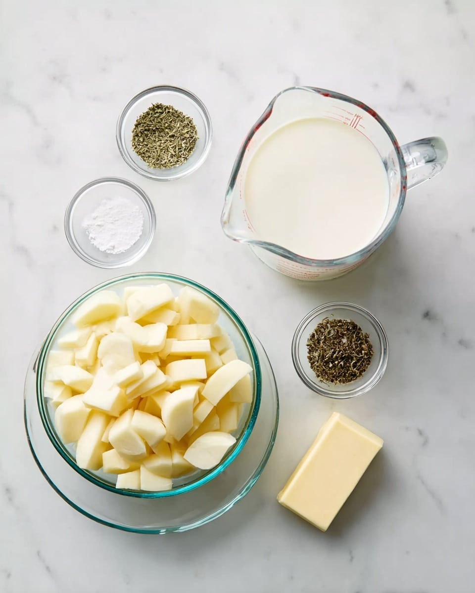The image shows ingredients arranged neatly on a white marbled surface. On the left, there is a glass bowl filled with peeled and cut pale yellow potato pieces. To the right of this bowl, there is a clear glass measuring jug filled almost to the top with white milk. Above these two, there are three small clear glass bowls, one with a fine white powder (salt), one with dried green herbs, and one with black pepper. Next to these bowls, there is a small stick of pale yellow butter. The whole scene is bright and clean. Photo taken with an iphone --ar 4:5 --v 7