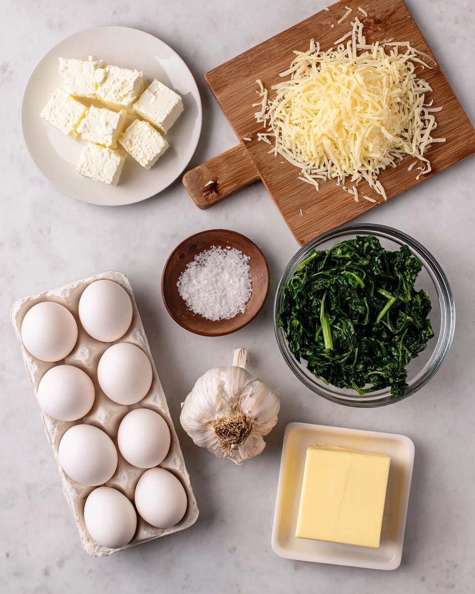 The image shows six food ingredients laid out on a white marbled surface. On the top left is a small white plate with blocks of white cream cheese. To the right, shredded pale yellow cheese is scattered on a wooden board. Below this, a small brown bowl holds a pinch of white salt. Near the center is a clear glass bowl filled with chopped dark green spinach. Below the salt is a white rectangular dish holding a yellow stick of butter. To the left of this, a white rectangular tray holds seven white eggs. Near the butter and glass bowl is a head of garlic with a light purple tint. The photo taken with an iphone --ar 4:5 --v 7