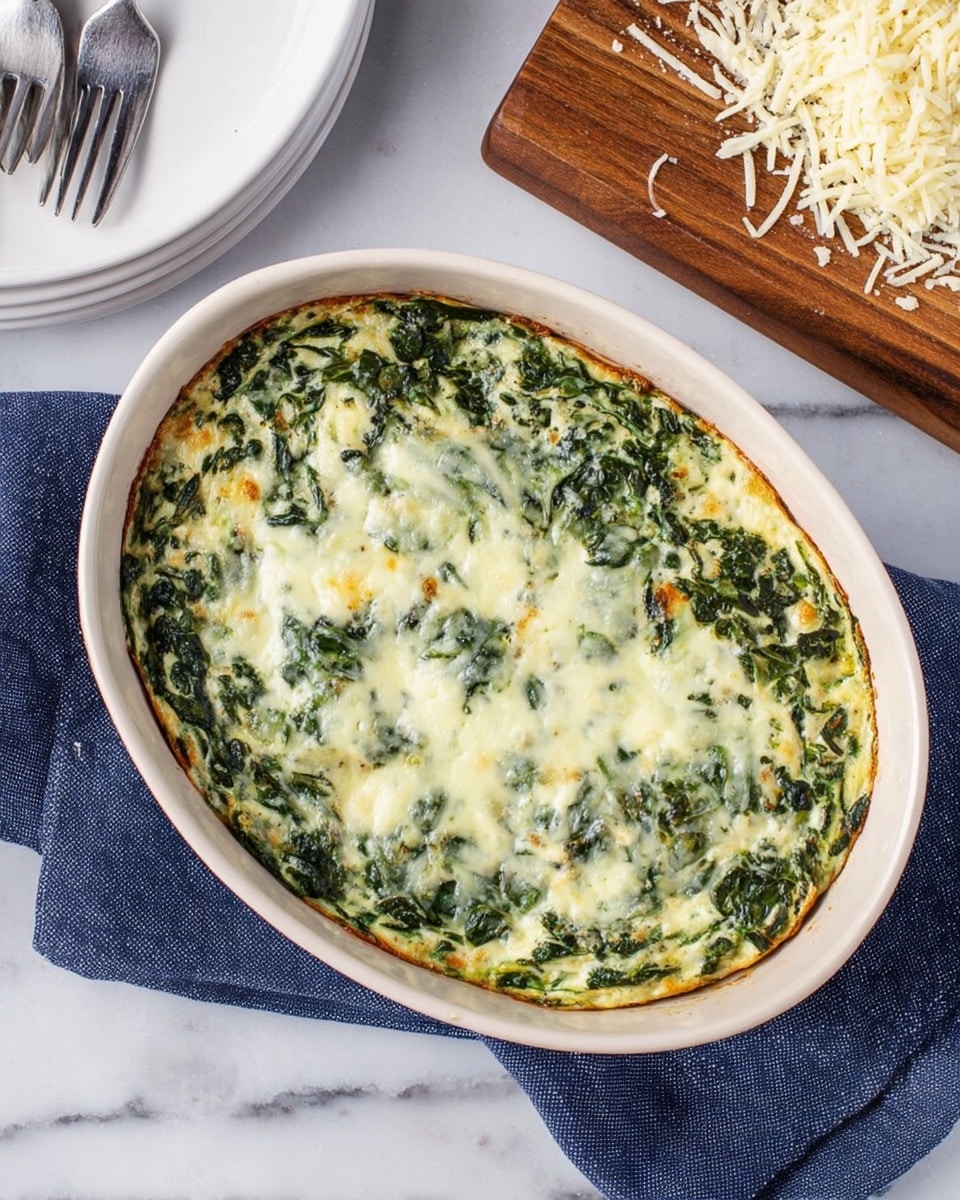 The image shows an oval white ceramic dish filled with a baked spinach and cheese casserole. The casserole has two visible layers: the base is a mixture of green spinach leaves cooked softly, and the top has a melted cheese layer with a light golden brown color in some spots, mixed evenly with the spinach. The dish is set on a white marbled surface, to the left is a dark blue cloth napkin partly visible, and above the dish there is a wooden board with shredded white cheese sprinkled on it. In the top left corner, part of a white plate with two forks resting on it appears. Photo taken with an iphone --ar 4:5 --v 7
