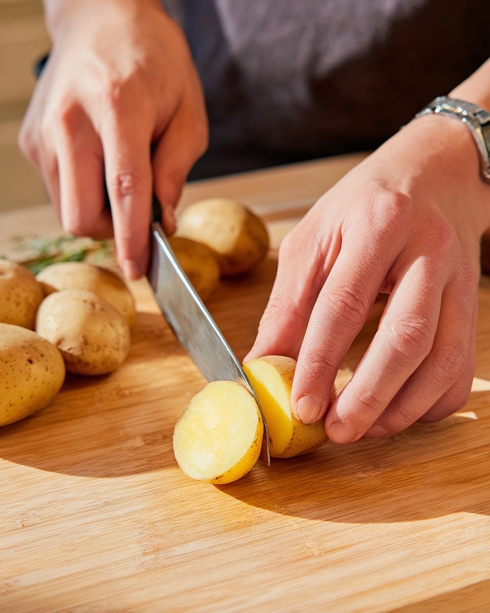 A close-up image of a person's hands cutting a small, round potato with tan skin and bright yellow inside on a light wooden cutting board. The potato is being sliced in half by a silver knife with a black handle, held firmly in the person's left hand while the right hand steadies the potato. In the background, more whole potatoes are visible on the cutting board. The setting has a warm, natural tone. Photo taken with an iphone --ar 4:5 --v 7