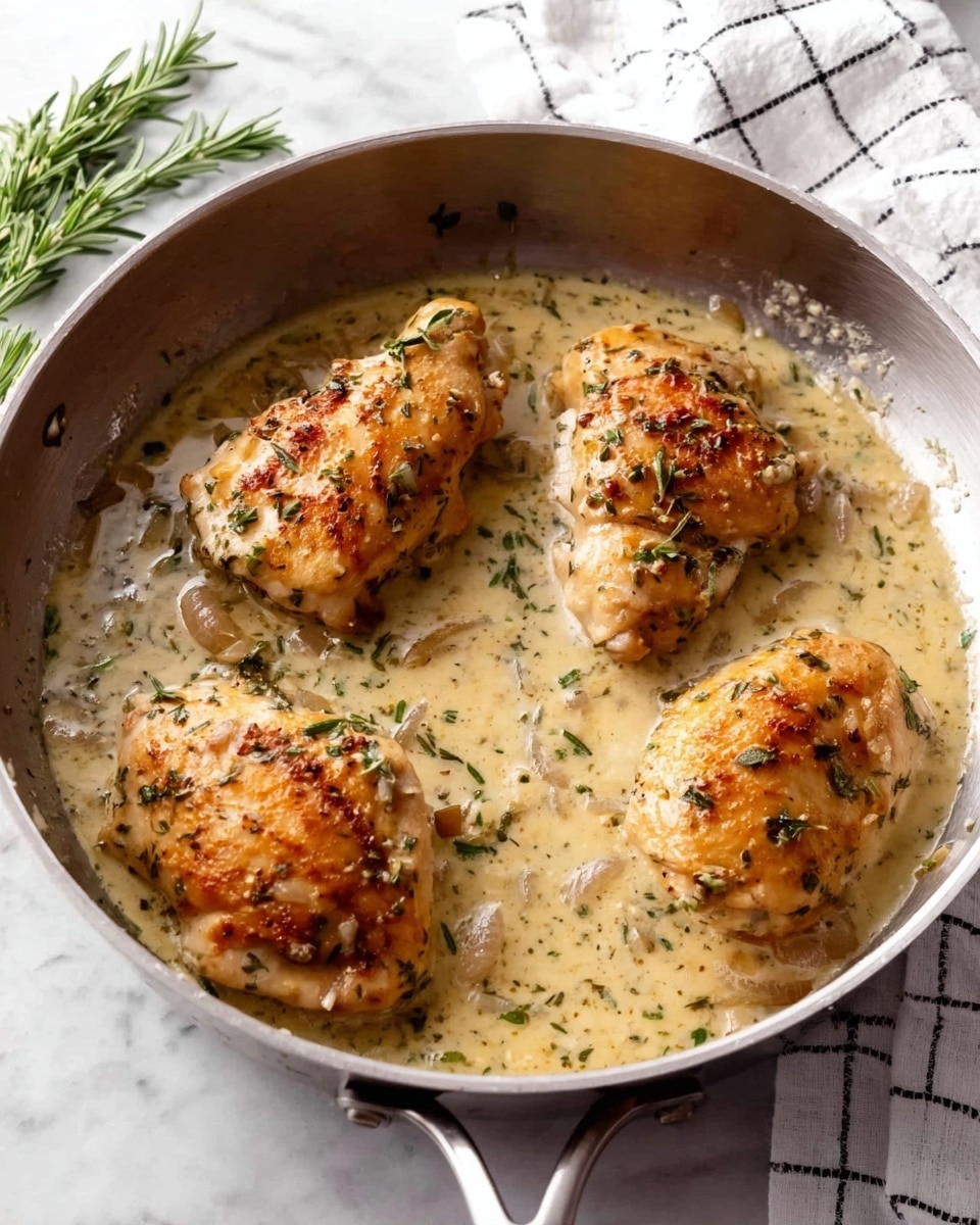A silver pan holds four pieces of golden-brown chicken cooked in a creamy sauce speckled with green herbs and small bits of onion. The sauce is light beige with a smooth, slightly thick texture that coats the chicken pieces softly. Around the pan are hints of a white marbled surface and a white cloth with a black checkered pattern. To the side, a white plate with sprigs of fresh green rosemary adds a fresh touch. The photo taken with an iphone --ar 4:5 --v 7