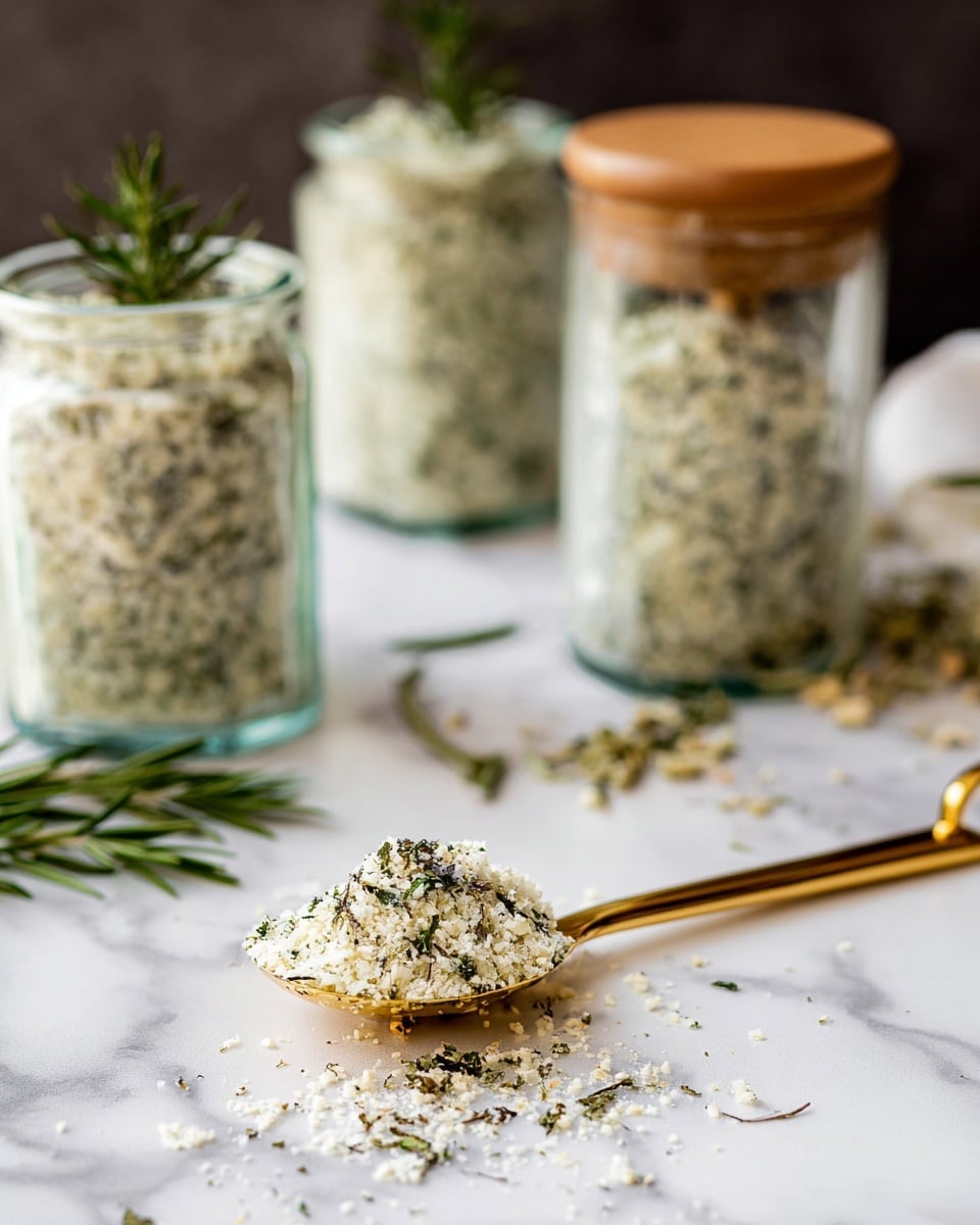 A close-up of a gold measuring spoon filled with a coarse white and green herb mixture, resting on a white marbled surface with some of the mixture scattered around it; in the background, three clear glass jars filled with the same herb mixture, each topped with a small green sprig, with one jar having a wooden lid; additional green sprigs lie on the surface near the jars on a white marbled background. photo taken with an iphone --ar 4:5 --v 7