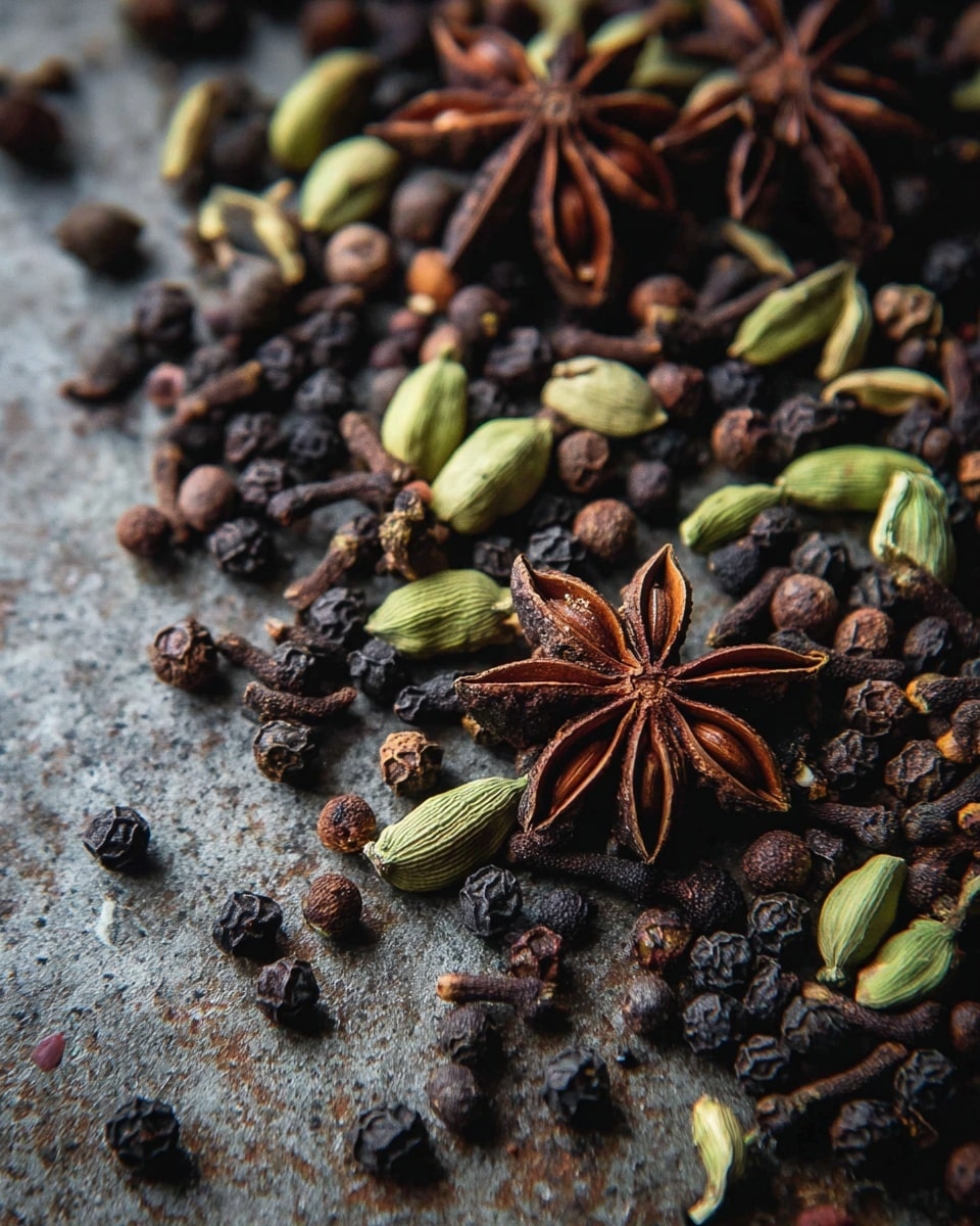 A close-up image of various whole spices spread out on a slightly rough, dark gray surface with textured details. The spices include brown star anise with its star shape and multiple points, green cardamom pods that are oval and smooth, small round black peppercorns clustered together, and dark brown whole cloves with long stems and bulbous tips. The mix of spices is scattered unevenly, creating a natural and rustic feel with a mix of dark brown, green, and black colors against the subtle gray background. The lighting softly highlights the textures and shapes of the spices. Photo taken with an iphone --ar 4:5 --v 7