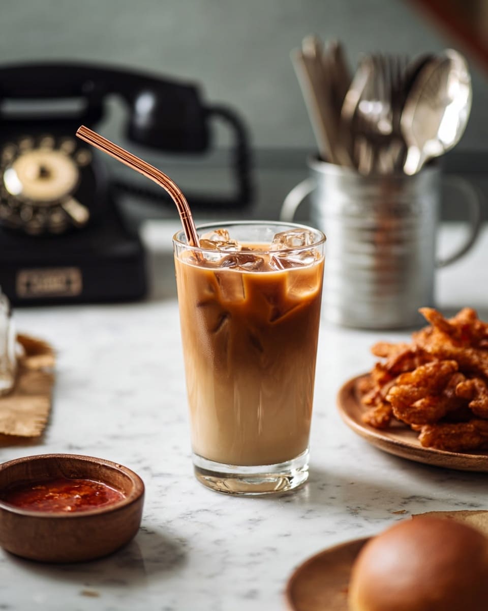A clear glass filled with iced coffee sits in the center, showing three layers from bottom to top: a light creamy beige milk layer, a mid-tone gradient mixing layer, and a dark coffee layer on top with ice cubes floating. A bent copper-colored straw is placed inside the glass. To the right and left, there are light brown wooden plates with crispy deep-fried snacks in irregular shapes. In the foreground, slightly blurred, is a small wooden bowl with red sauce and a brown round bread roll. The background shows a black vintage rotary phone and a metallic cup holding cutlery, all set on a white marbled surface. Photo taken with an iphone --ar 4:5 --v 7