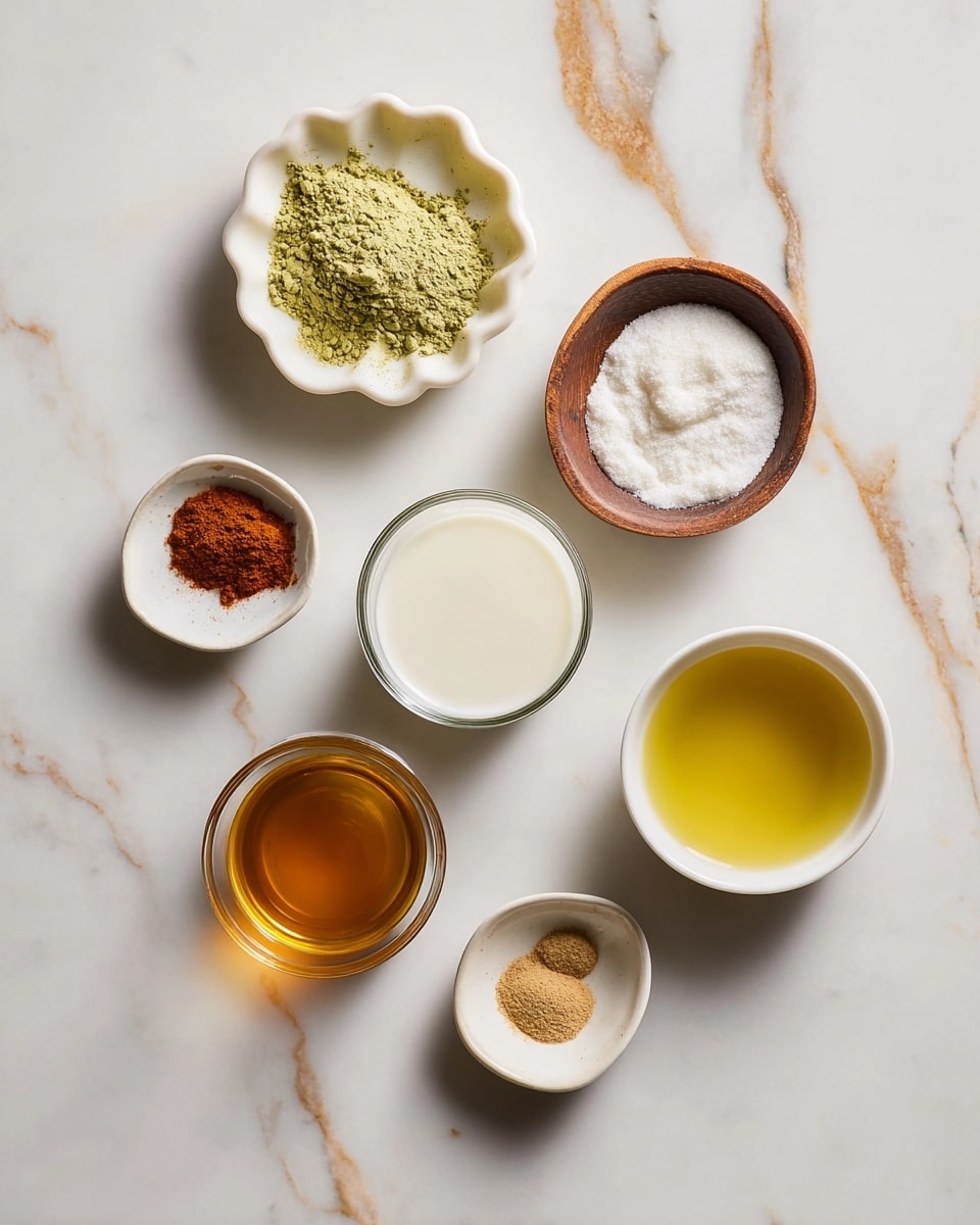 The image shows seven small containers with different ingredients arranged on a white marbled surface. There is one small white dish with green powder at the top left, a small wooden bowl with white granules at the top right, and a tiny white dish with golden yellow liquid below the wooden bowl. In the center, there is a clear glass cup filled with white liquid. Below the glass cup, on the left, is a small clear glass bowl with amber liquid. At the bottom right, there is a small white bowl with light brown liquid, and above it, a small white dish with a reddish-brown powder. All containers are neatly spread out and clearly show the colors and textures of their contents. photo taken with an iphone --ar 4:5 --v 7