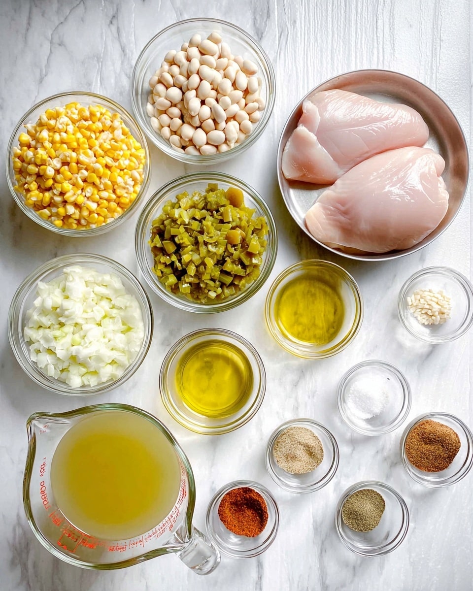 The image shows several clear glass bowls and a measuring cup with different ingredients placed on a white marbled surface. In the center right is a silver bowl with two raw pink chicken breasts. Above it are three clear glass bowls with light green chopped green chilies, finely chopped white onions, and beige beans. To the left are two more clear glass bowls, one filled with yellow corn kernels and the other with white sour cream. Below these are a clear glass measuring cup filled with pale yellow chicken broth and a small bowl with yellow olive oil. Along the bottom right are six tiny clear bowls containing salt, minced garlic, reddish-brown chili powder, light brown cumin, black pepper, and dried oregano. The bowls and cup are arranged neatly, giving a fresh and organized look. Photo taken with an iphone --ar 4:5 --v 7