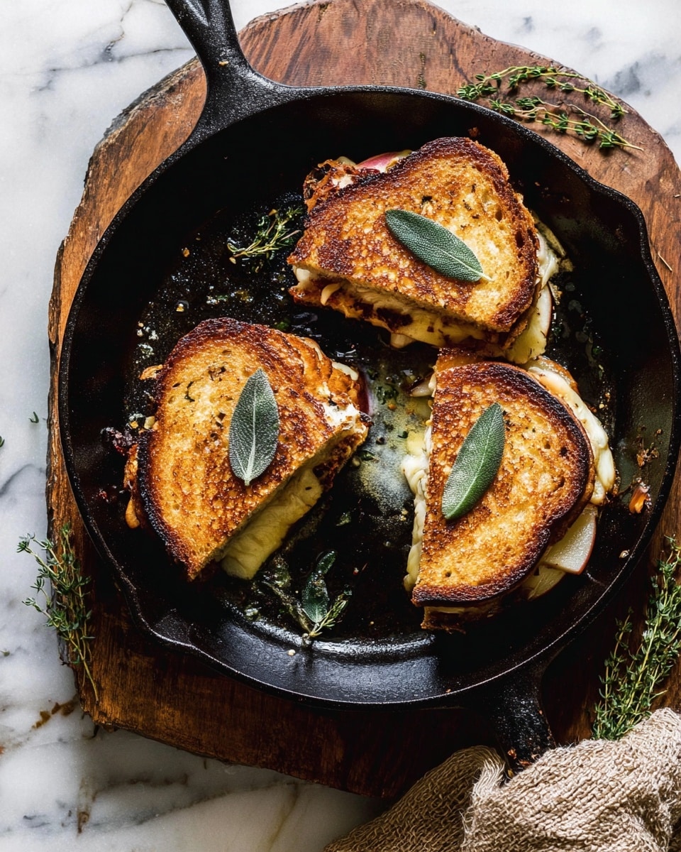 Three grilled sandwiches with golden-brown toasted bread form the base, each topped with two green sage leaves. The sandwiches are filled with melted cheese and slices of apple peeking out from the sides, showing a mix of white and light yellow layers. The sandwiches rest in a black cast iron pan with some melted butter and small fresh thyme sprigs scattered around. The pan is placed on a rustic wooden board, and a textured beige cloth is partially visible at the edge, all set on a white marbled surface. Photo taken with an iphone --ar 4:5 --v 7