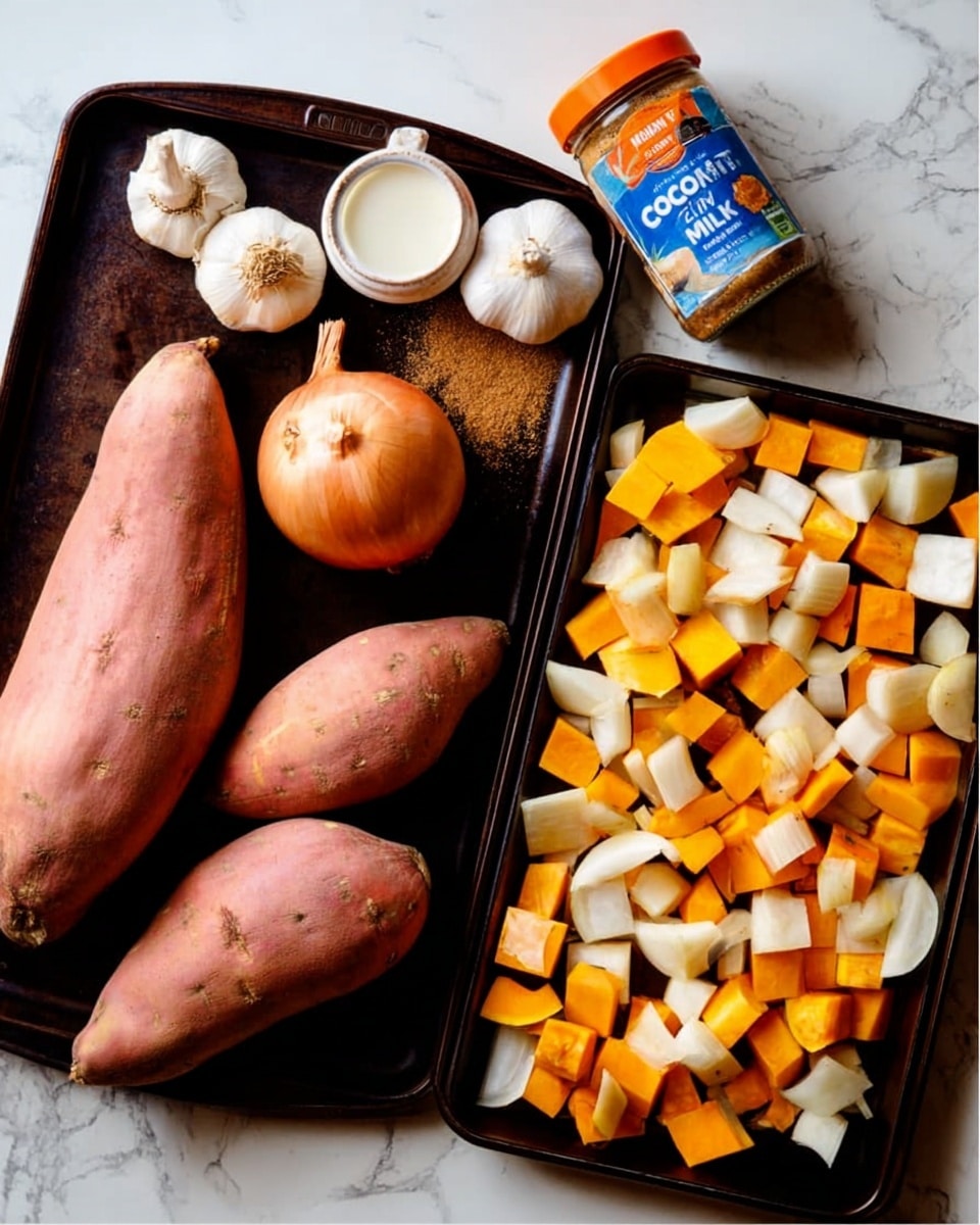 The image shows two dark baking trays on a white marbled surface. The left tray holds whole ingredients, including a bulb of garlic, a brown onion, a large butternut squash, two raw sweet potatoes with purple skin, a blue can of coconut milk, and a small jar of ground cumin with an orange lid. The tray on the right is filled with chopped vegetables: orange butternut squash pieces, pale yellow chunks, and off-white onion slices spread evenly and sprinkled with a brown spice powder. The contrast between the dark trays and the white marbled background highlights the fresh earth tones of the veggies and spices. photo taken with an iphone --ar 4:5 --v 7