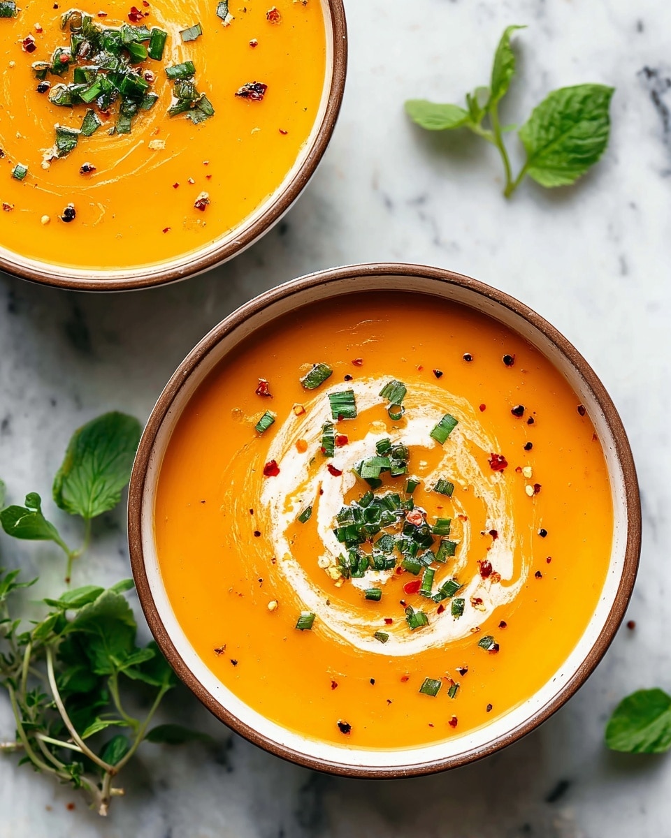 The image shows two bowls of bright orange soup with a smooth texture. Each bowl has a swirl of white cream on top, creating a spiral pattern. Over the cream, there are small pieces of chopped green herbs sprinkled evenly along with some cracked black pepper and red chili flakes. The bowls are white with a brown rim and are placed on a white marbled surface. A few fresh green herb leaves are visible around the bowls. The photo is bright and clear, taken from above. photo taken with an iphone --ar 4:5 --v 7