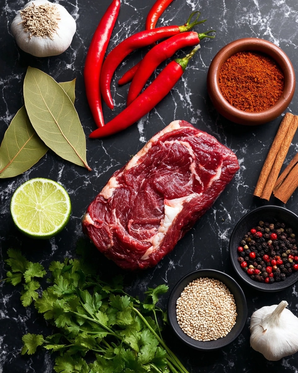 A piece of raw red meat with white fat marbling lies in the center on a dark background, surrounded by bright red chili peppers stacked on the left, two green bay leaves near the top left and bottom left, and fresh green cilantro sprigs scattered around. Nearby, there is a whole lime in the bottom left with a sliced lime half beside it. Three cinnamon sticks are placed above the meat beside a small brown bowl filled with red chili powder. Two black bowls containing light sesame seeds and mixed black and red peppercorns are arranged to the right of the meat. Two whole garlic bulbs and one single clove lie near the bottom right and left sides of the meat. The setting is on a white marbled texture. Photo taken with an iphone --ar 4:5 --v 7