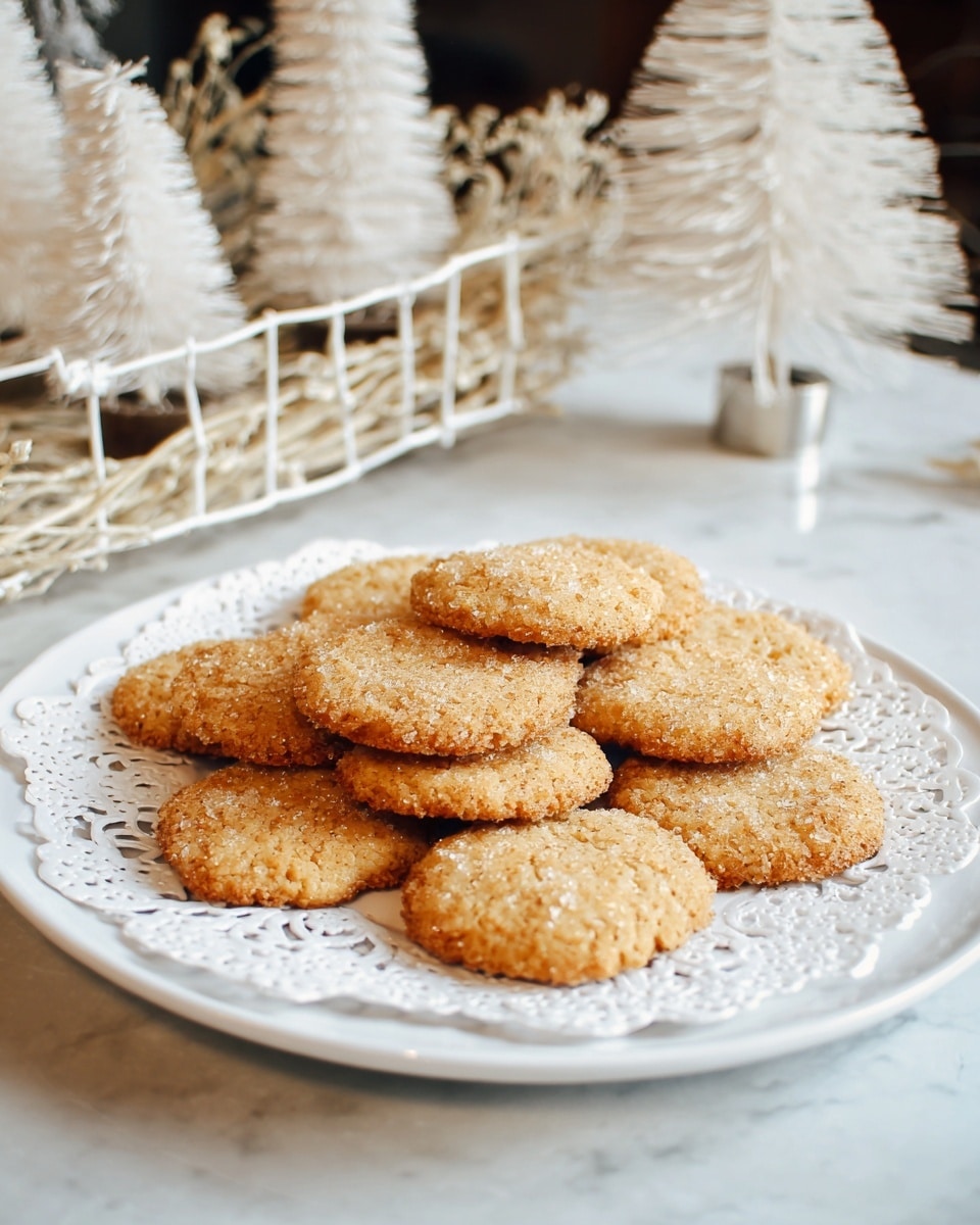A white plate holds a white lacy paper doily topped with a layer of golden brown cookies. The cookies are round with a slightly rough and crumbly texture, scattered closely together in a single layer, showing some sugar crystals sprinkled on top that catch the light. The plate sits on a white marbled surface, with rustic decorations blurred in the background. Photo taken with an iphone --ar 4:5 --v 7