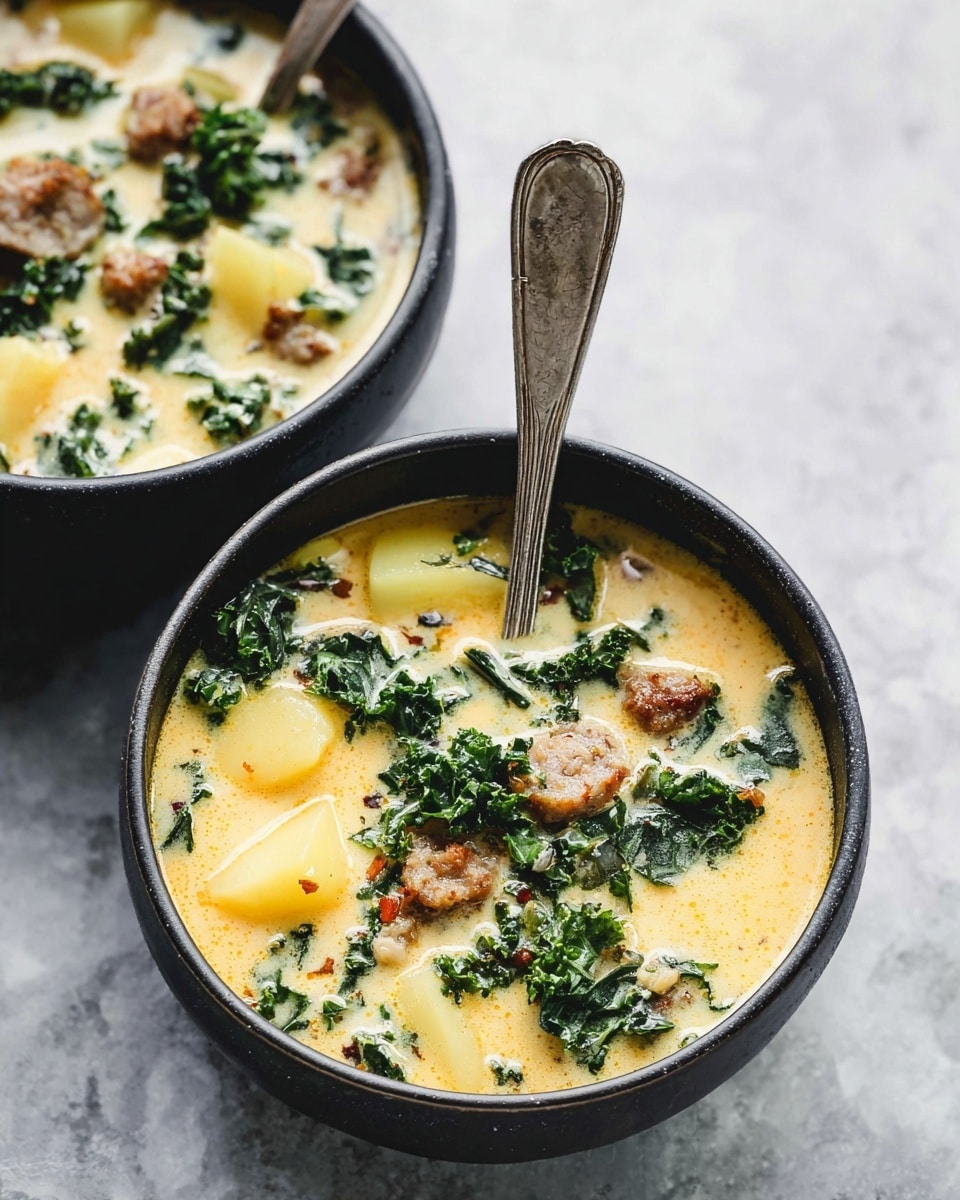 Two black bowls filled with creamy soup sit on a white marbled surface. Each bowl holds a light yellow creamy base soup with chunks of light yellow potatoes, green leafy kale, and brown sausage pieces mixed in. A silver spoon stands upright in each bowl, showing simple, slightly worn handles. The texture of the soup looks smooth with small bits floating, and the vibrant green and brown pieces add contrast to the creamy yellow background. photo taken with an iphone --ar 4:5 --v 7