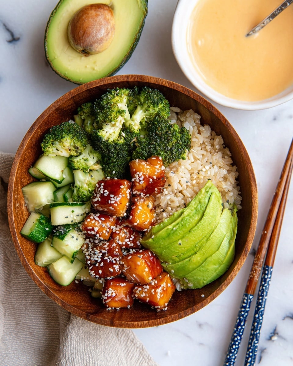 A wooden bowl filled with four layers: the bottom layer is light brown cooked rice, mostly covering the right half; on the top left is a mix of bright green broccoli florets and light green cucumber chunks sprinkled with sesame seeds; next to the vegetables are shiny, dark brown glazed salmon pieces with a sticky texture and sesame seed topping in the center; finishing the bowl are two smooth slices of light green avocado on the bottom right, also sprinkled with sesame seeds. The bowl sits on a white marbled surface, next to half of an avocado on the left and a smaller white bowl filled with creamy orange sauce and a spoon. A pair of blue-and-white patterned chopsticks lies on the right side. Photo taken with an iphone --ar 4:5 --v 7
