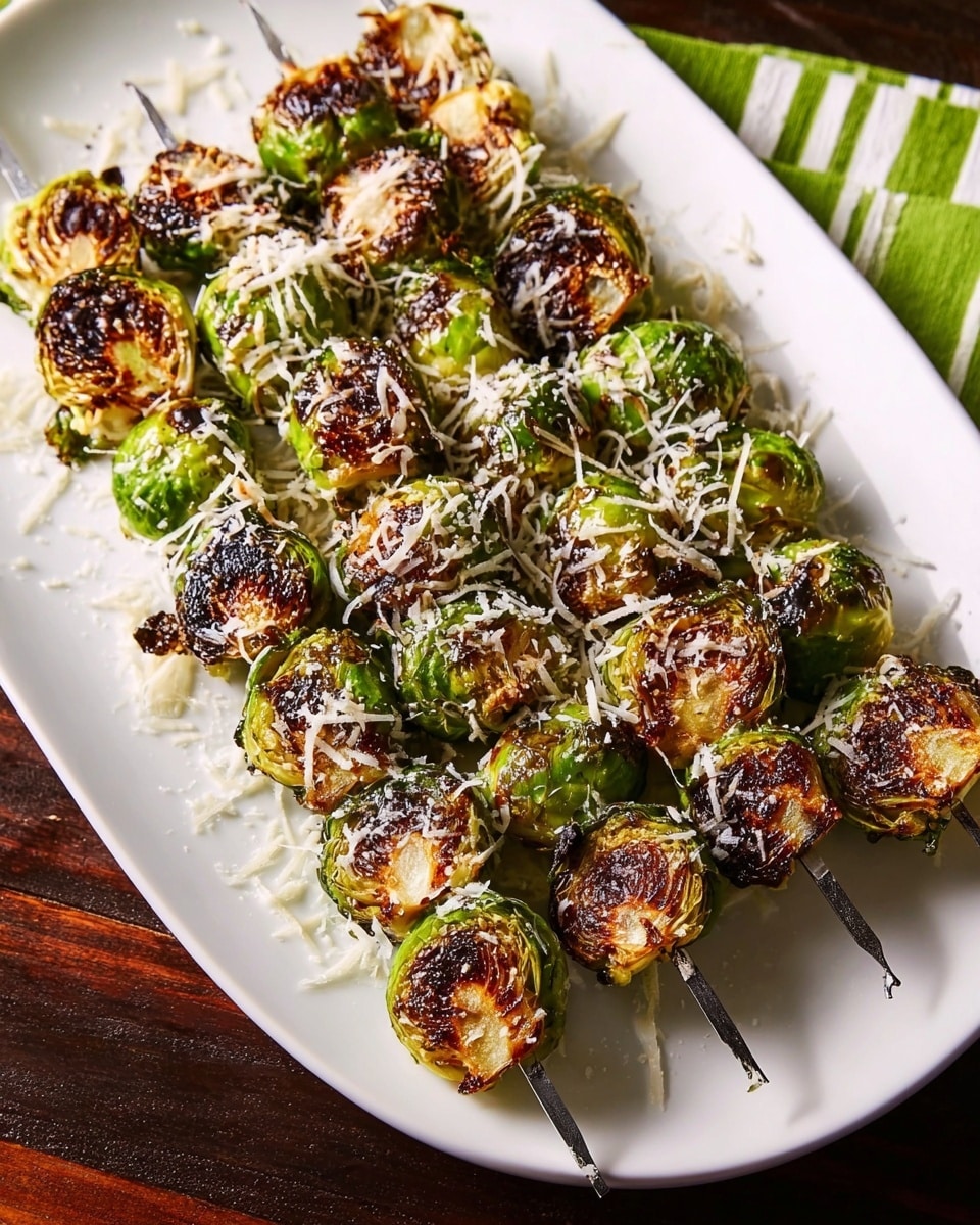 Two metal skewers hold grilled Brussels sprouts, arranged side by side on a long white plate. Each skewer is threaded with 12 to 15 Brussels sprouts, showing a mix of bright green and dark charred brown colors on their halves, creating a textured look of crispy, cooked leaves. Shredded white cheese is sprinkled unevenly over the vegetables and the plate, adding a fine, delicate layer. The plate sits on a dark wooden surface with a blurred green and white striped cloth in the background. photo taken with an iphone --ar 4:5 --v 7