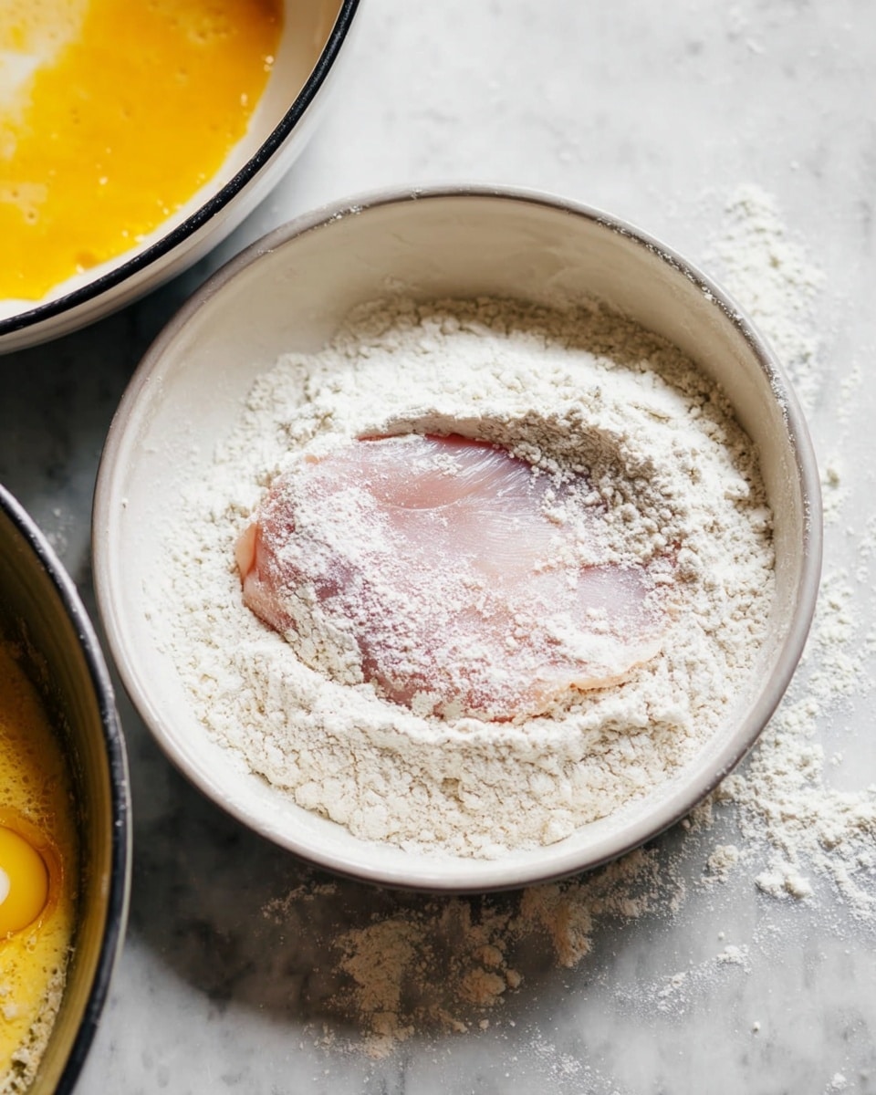The image shows a white bowl filled with white flour, inside which there is a single raw pink chicken piece lightly covered with flour, lying flat in the center. The bowl sits on a white marbled surface with a small amount of flour scattered around it. To the left edge, a small part of another bowl containing a beaten yellow egg mixture can be seen. Photo taken with an iphone --ar 4:5 --v 7