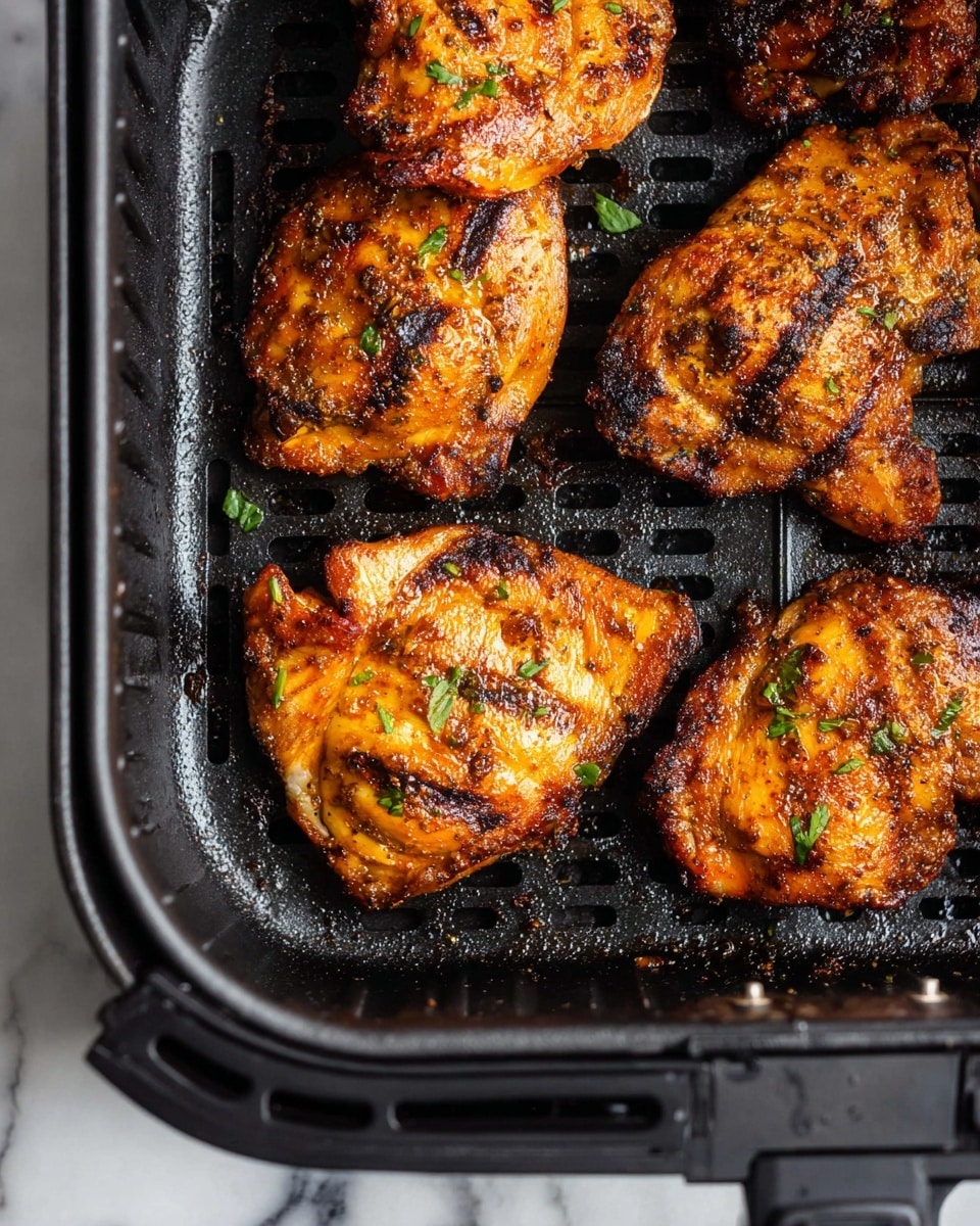 A close-up image of five pieces of grilled chicken thighs placed inside a black air fryer basket. The chicken pieces show a golden brown color with darker charred spots and are sprinkled with small green herb leaves. The texture of the chicken skin looks slightly crispy with visible seasoning. The basket has a grid pattern, and the background shows a white marbled surface at the bottom edge. Photo taken with an iphone --ar 4:5 --v 7