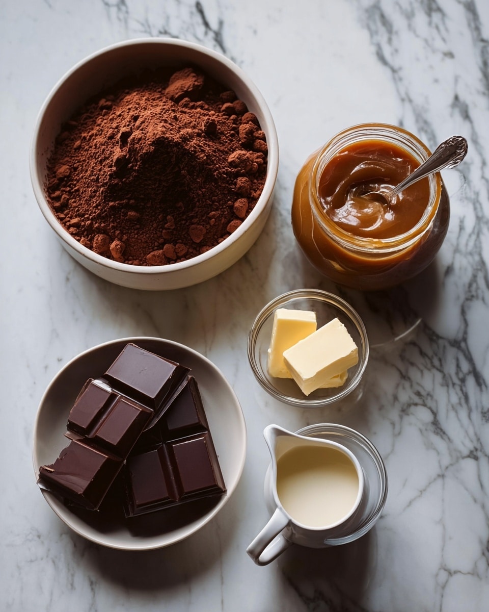 The image shows five small white bowls and jars arranged on a white marbled surface. The biggest bowl, placed at the top left, contains a mound of dark brown cocoa powder with a rough texture and uneven top layer. Below it, a smaller white bowl holds several neatly arranged dark brown chocolate squares with smooth, shiny surfaces. To the right of the chocolate, two small clear glass bowls each have a square piece of pale yellow butter with a smooth texture. Next to these, there is a glass jar filled with thick, light brown caramel sauce, and a spoon sticking out of it. At the bottom right corner, a small white creamer pitcher contains off-white cream, showing a smooth and shiny texture. photo taken with an iphone --ar 4:5 --v 7