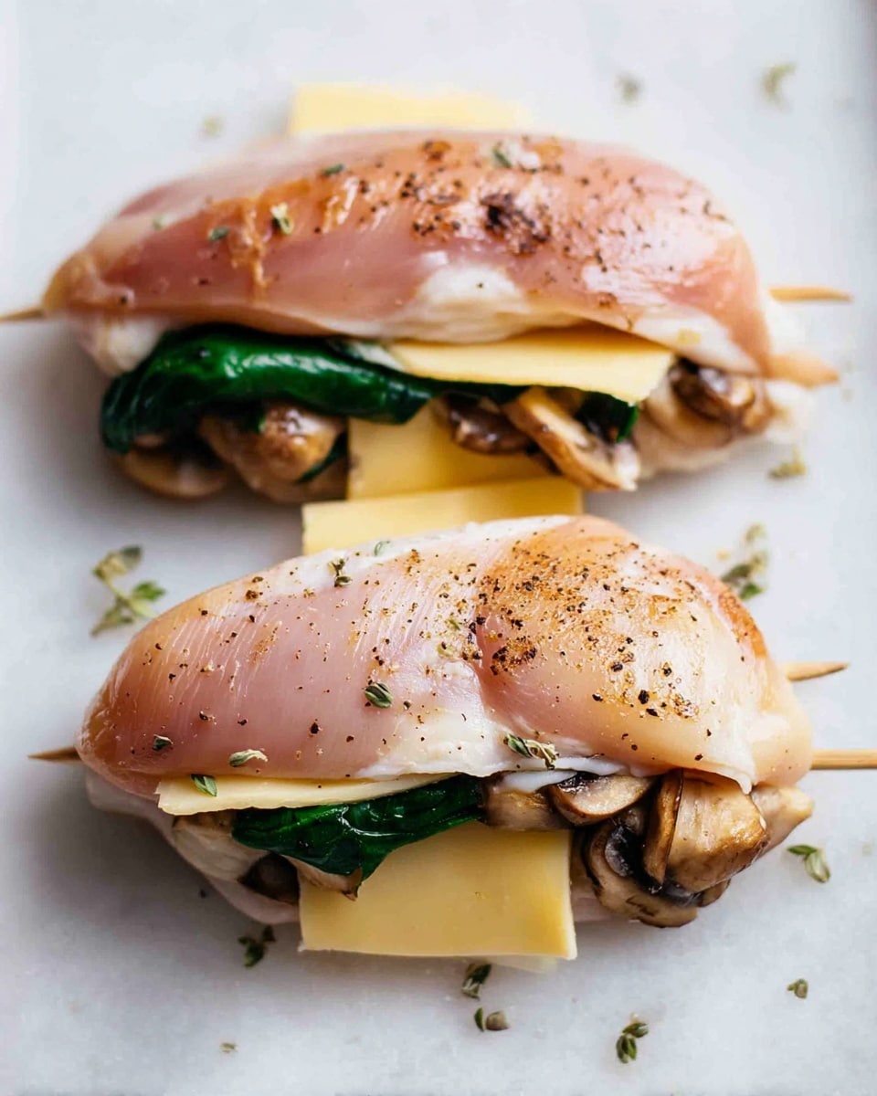 Two raw chicken fillets are stuffed and folded on a white marbled surface. Each fillet has three visible layers: the top layer is pale pink raw chicken skin with some black pepper sprinkled on it; beneath, a pale yellow cheese slice is slightly melted and wedged inside; the bottom layer is a mix of sautéed light brown mushrooms and dark green spinach leaves peeking out from under the cheese. The fillets are secured with wooden toothpicks, and small bits of herbs and seasoning are scattered around on the surface. photo taken with an iphone --ar 4:5 --v 7