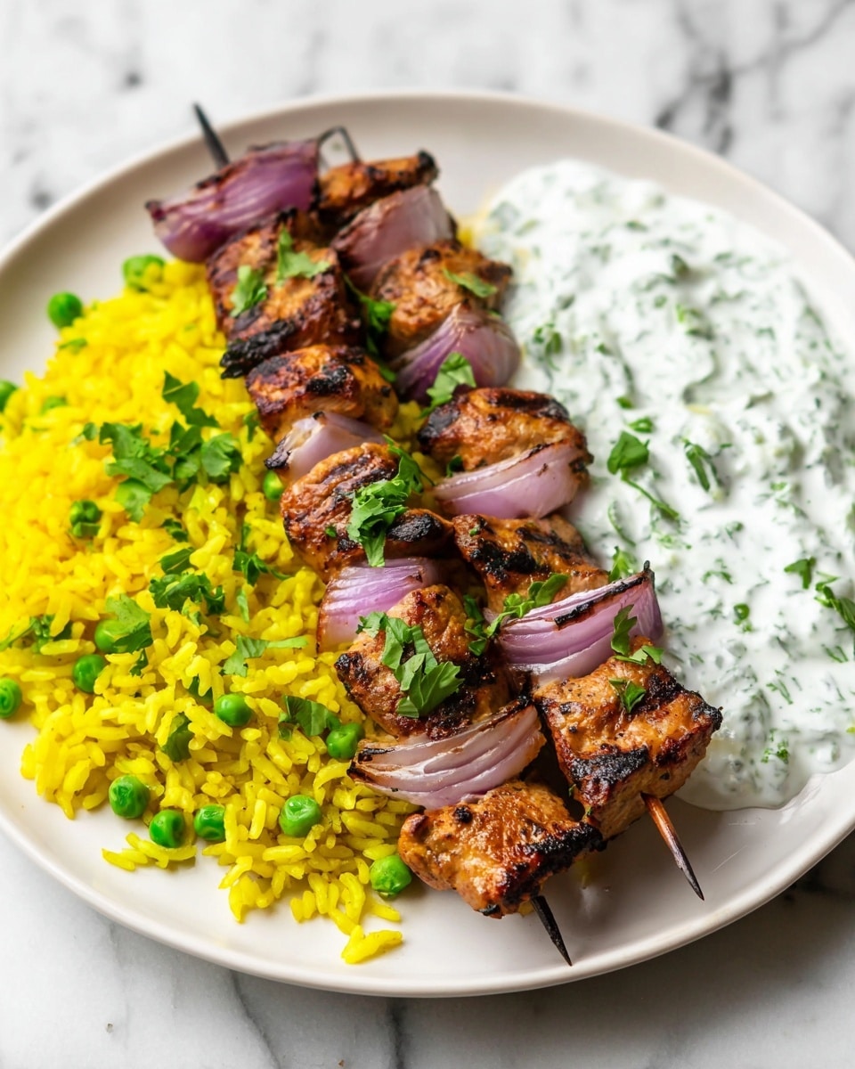 A white plate holds three main parts arranged side by side: on the left, bright yellow rice mixed with green peas, fluffy and slightly piled; in the middle, two skewers of grilled meat and purple onions, the meat is golden brown with some charred edges and fresh green herbs on top; on the right, a creamy white cucumber sauce with green cucumber slices and herbs mixed in, smooth and thick in texture. The plate is set on a white marbled surface. photo taken with an iphone --ar 4:5 --v 7