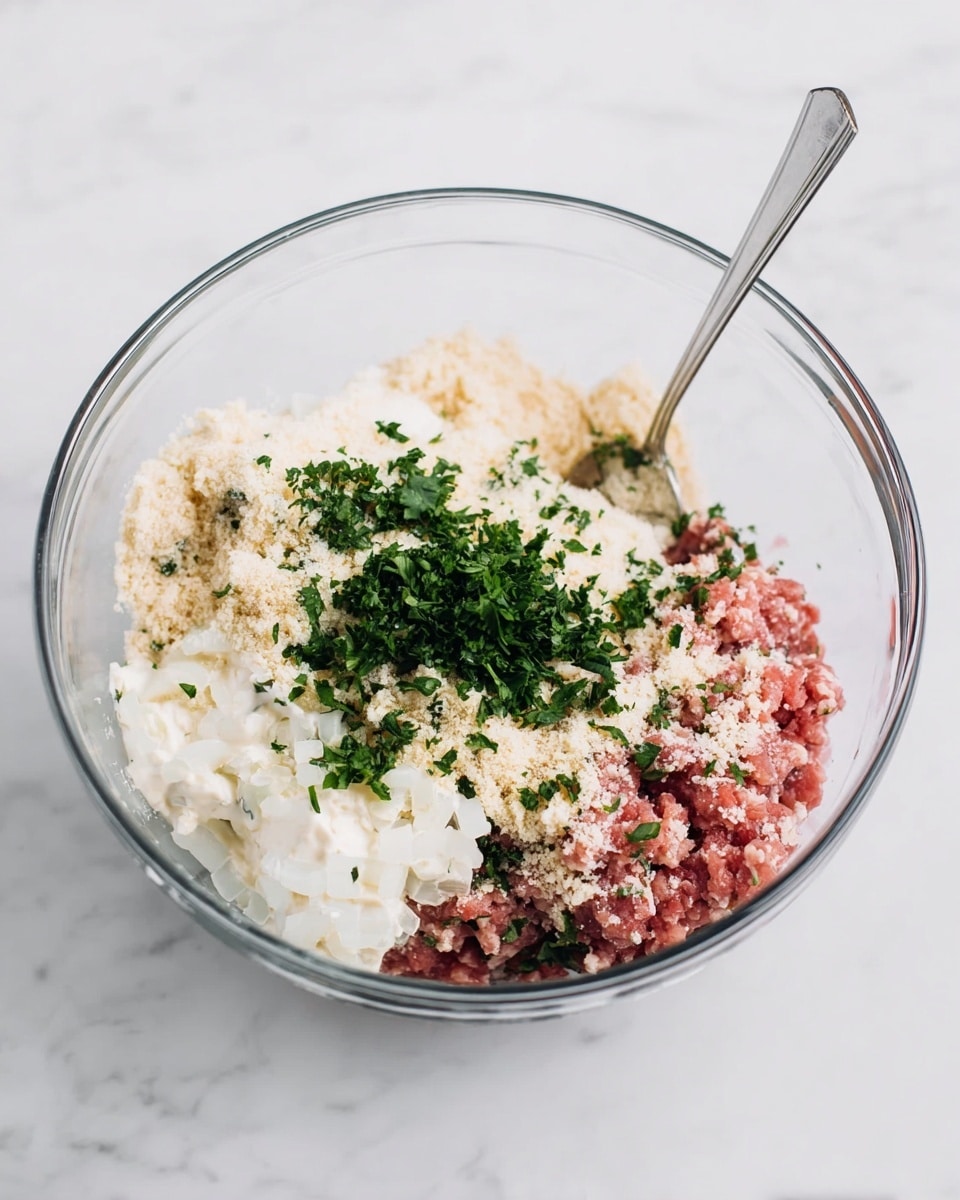 A clear glass bowl sits on a white marbled surface, filled with several layers of ingredients that include raw ground meat in a pinkish-red color on one side, white grated or finely chopped onions, a layer of creamy white cheese or dairy topping, beige breadcrumbs sprinkled over, and small pieces of fresh green parsley spread on top. A silver spoon rests inside the bowl, leaning against the side. The scene is bright and clean with soft natural light. photo taken with an iphone --ar 4:5 --v 7