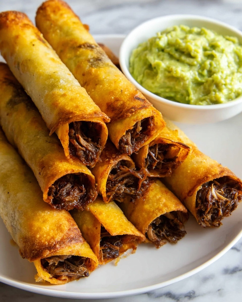 A white plate filled with several golden brown rolled taquitos arranged in two layers, the bottom layer partially visible under the top layer. Each taquito shows dark, shredded meat filling slightly peeking out from the open ends. On the right side of the plate, there is a small white bowl filled with light green guacamole sauce, having a creamy texture with small chunks. The plate sits on a white marbled surface. Photo taken with an iphone --ar 4:5 --v 7