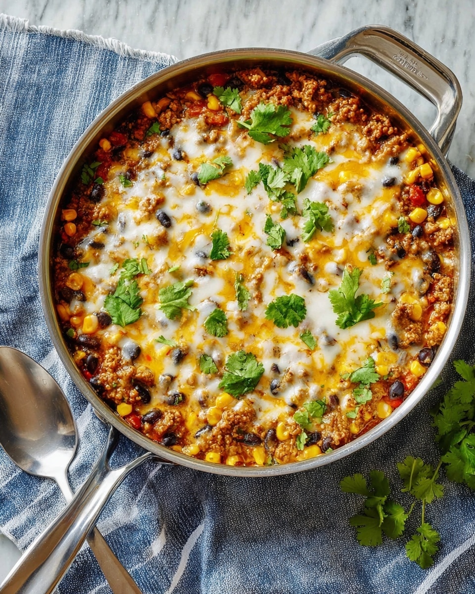 A silver pan filled with a layered dish starting with a base of cooked ground meat mixed with corn and black beans, topped with melted white and yellow cheese spread evenly. Bright green cilantro leaves are scattered on top for a fresh touch. The pan is placed on a blue and white striped cloth over a white marbled textured surface, with a large silver spoon resting next to it photo taken with an iphone --ar 4:5 --v 7