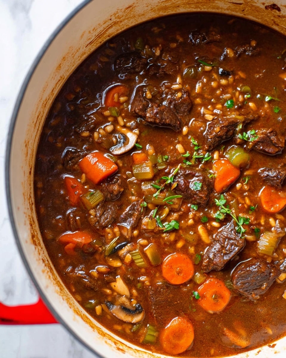 A close view of a white pot filled with a thick stew consisting of three main layers: a rich brown broth with a slightly oily shine, tender chunks of dark brown meat scattered throughout, and round orange carrot slices mixed alongside small pieces of celery and mushrooms. Tiny grain-like elements are visible in the stew, adding texture, and small green herb bits are sprinkled on top as garnish. The white pot has a red handle partially visible on the left side, and the pot edges show some red-brown sauce stains. The background is a white marbled texture. Photo taken with an iphone --ar 4:5 --v 7