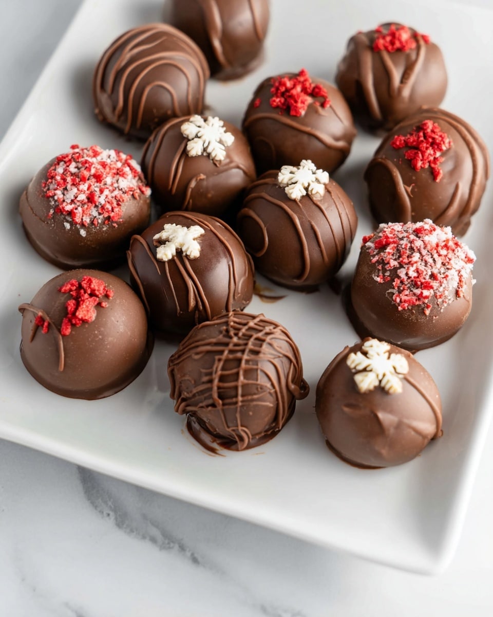 A white rectangular plate holds fifteen round, smooth chocolate truffles with a shiny finish. Some truffles are plain with a few soft swirls on top, while others have decorative layers: a few are topped with thin red candy sprinkles, some have small white snowflake-shaped sprinkles, and others are decorated with red candy curls or thick chocolate swirls in a spiral or drizzle pattern. The truffles are arranged close together on a white marbled textured surface. photo taken with an iphone --ar 4:5 --v 7