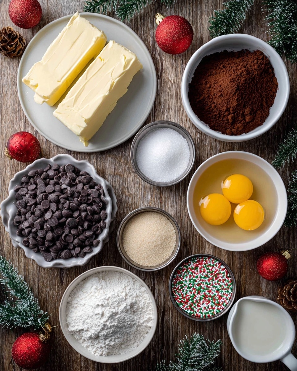An arranged overhead view of various baking ingredients on a wooden surface, including three rectangular pieces of pale yellow butter on a white plate at the left, a white bowl with dark brown cocoa powder above the butter, and a white bowl with two bright yellow egg yolks to the right of the cocoa. Below the cocoa is a white bowl filled with dark chocolate chips, and next to the egg yolks are small metal bowls holding white baking powder and salt. Below the chocolate chips are white bowls with white granulated sugar and light brown sugar, with a small metal bowl of red, white, and green round sprinkles in between. At the bottom right is a white measuring cup containing a white liquid, such as milk or cream. The scene is decorated with small green pine branches and red and gold Christmas ornaments scattered around the edges on the wooden surface. photo taken with an iphone --ar 4:5 --v 7