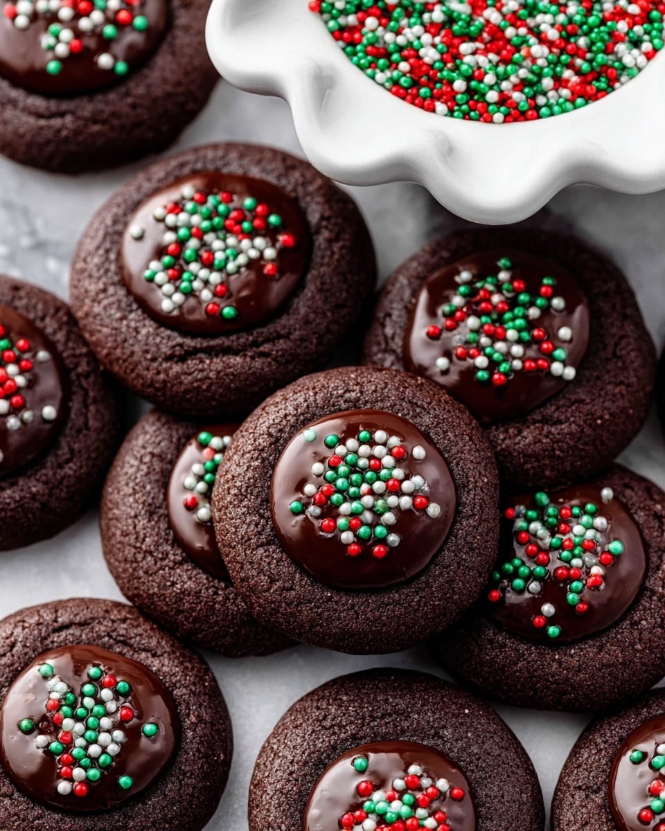 The image shows many round dark chocolate cookies with a deep brown color and soft texture. Each cookie has a shiny dark chocolate layer in the center that is smooth and glossy. On top of the chocolate, there are small round sprinkles in red, green, and white colors scattered evenly. At the top edge of the image, there is a white, flower-shaped bowl filled with more of the same red, green, and white round sprinkles. All the cookies and the bowl are placed on a white marbled surface. photo taken with an iphone --ar 4:5 --v 7
