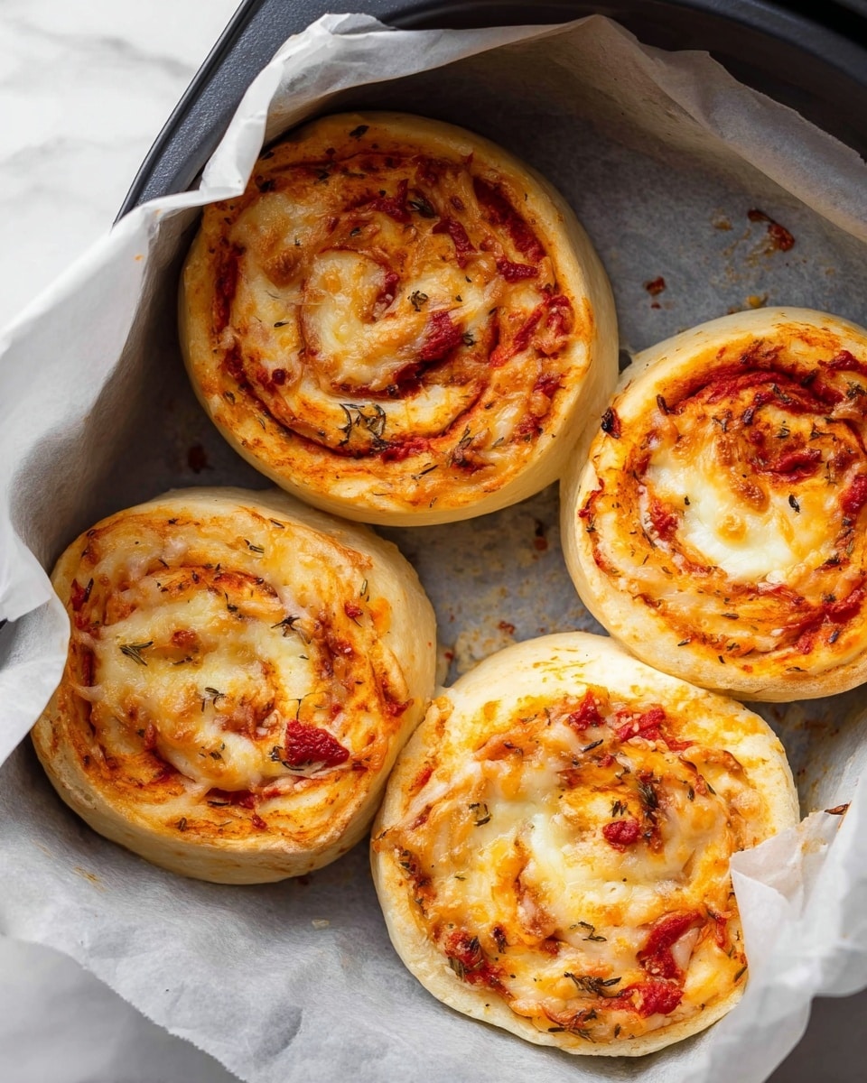 The image shows four round pizza rolls with three distinct layers: a light golden-brown dough layer forming the base and outer spiral, a middle layer of melted creamy white cheese with some brown spots from baking, and a top layer of bright red tomato sauce with small bits of herbs spread unevenly inside the spirals. The rolls are inside a baking tray lined with white parchment paper, placed on a white marbled surface. The rolls look soft and fluffy with a slightly crispy edge, and the cheese looks stretchy and melty. Photo taken with an iphone --ar 4:5 --v 7