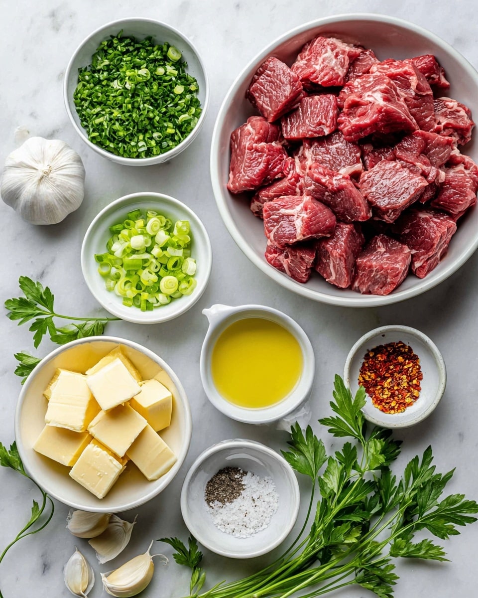 The image shows several small white bowls arranged on a white marbled surface. In the largest white bowl on the right, there are many pieces of raw red beef chunks with visible marbling. Surrounding this bowl are smaller white bowls: one with chopped fresh green herbs, another with sliced green onions, a bowl with cubed yellow butter, one with minced garlic, another with clear oil, a bowl holding red chili flakes, a small bowl of coarse salt, and one with black pepper. Sprigs of fresh green parsley are scattered around on the white marbled surface, along with two cloves of garlic near the salt bowl. The arrangement is neat and colorful, with natural lighting highlighting the fresh ingredients. Photo taken with an iphone --ar 4:5 --v 7