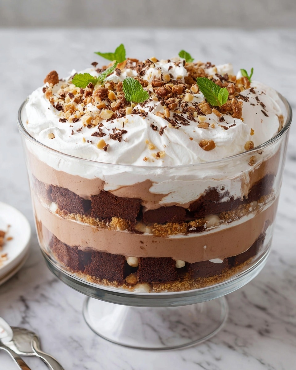 A clear glass bowl holds a multi-layered dessert placed on a white marbled surface. The bottom layer consists of chunks of dark brown chocolate cake. Above it is a smooth light brown creamy layer, followed by a thin layer of crushed nuts or cookie crumbs. Next, there is a thick layer of whipped white cream with chocolate cake pieces embedded inside it. Another layer of light brown chocolate mousse sits on top of the cream. The dessert is crowned with a thick, fluffy white whipped cream layer, sprinkled with crushed nuts and chocolate bits, and garnished with small fresh mint leaves. Photo taken with an iphone --ar 4:5 --v 7