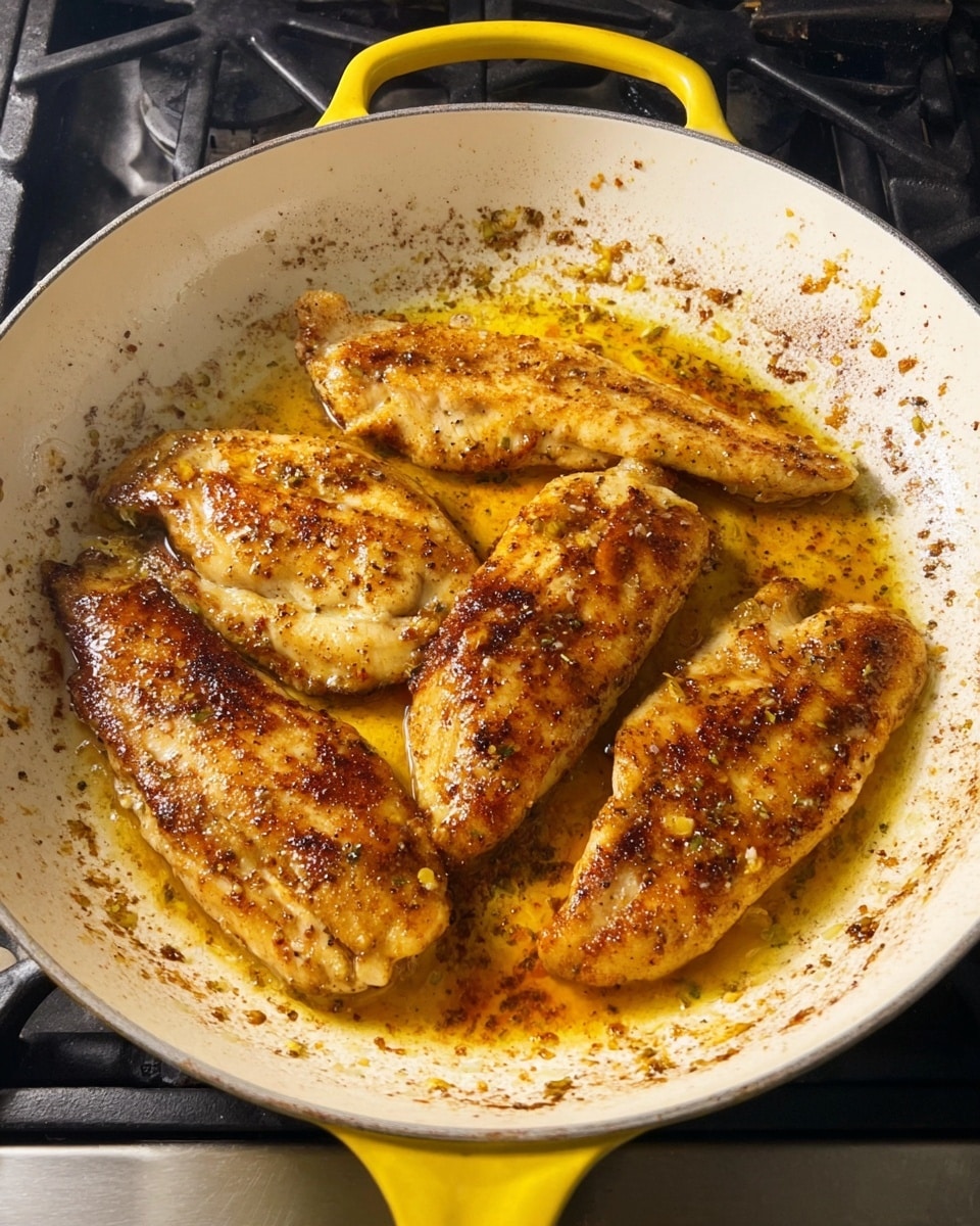 A white pan with yellow handles holds four cooked fillets with a golden brown color and crispy edges. The fillets have a light texture with visible grill marks and bits of seasoning, sitting in a pool of orange-brown oil and spices. The inside of the pan shows some browned spots where the fillets cooked, with a background of a stove burner. The scene suggests the food is freshly cooked and sizzling. Photo taken with an iphone --ar 4:5 --v 7