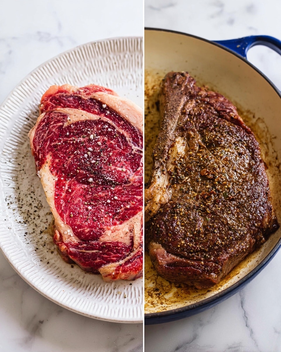 The image shows two side-by-side views of a ribeye steak at different cooking stages. On the left, a raw ribeye steak with marbled red and white meat is placed on a white plate with a textured rim, sprinkled evenly with salt and black pepper. On the right, the steak is in a white cast iron pan with blue edges, cooked and browned on the surface with a crust formed by spices and pepper, the meat showing a deep brown color with visible seasoning grains and some cooked fat around the edges. Both are set on a white marbled surface. Photo taken with an iphone --ar 4:5 --v 7