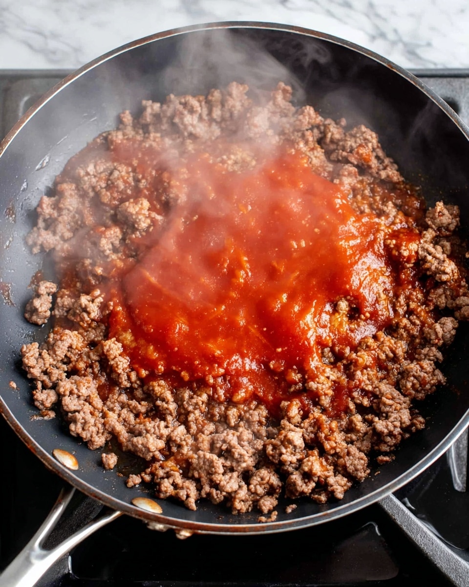 A black frying pan filled with cooked ground meat forming the first thick layer, brown and crumbly in texture. In the center of the pan, a bright red sauce is poured over the meat, creating a smooth, wet second layer surrounded by the meat. Steam rises from the edges of the pan, showing the food is hot. The pan is on a stove with metal handles, and the background surface is a white marbled texture. Photo taken with an iphone --ar 4:5 --v 7