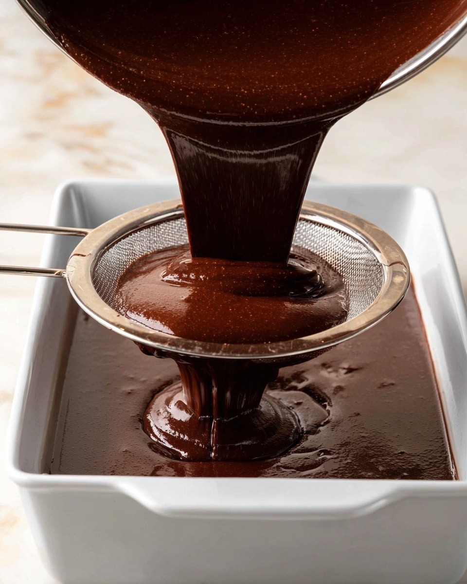 A rich, dark brown thick chocolate batter is being poured from a bowl through a fine metal sieve into a white rectangular baking pan below. The batter has a smooth, shiny texture as it flows in thick streams, creating gentle ripples in the pan. The metal sieve sits centered over the pan, catching any lumps from the shiny, almost glossy batter. The background shows a soft white marbled surface, highlighting the deep color of the chocolate mixture. Photo taken with an iphone --ar 4:5 --v 7